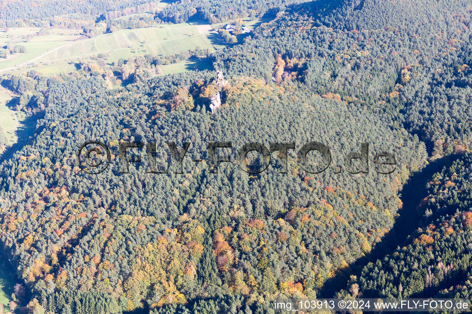 Vue aérienne de Ruines du château de Drachenfels à Busenberg dans le département Rhénanie-Palatinat, Allemagne