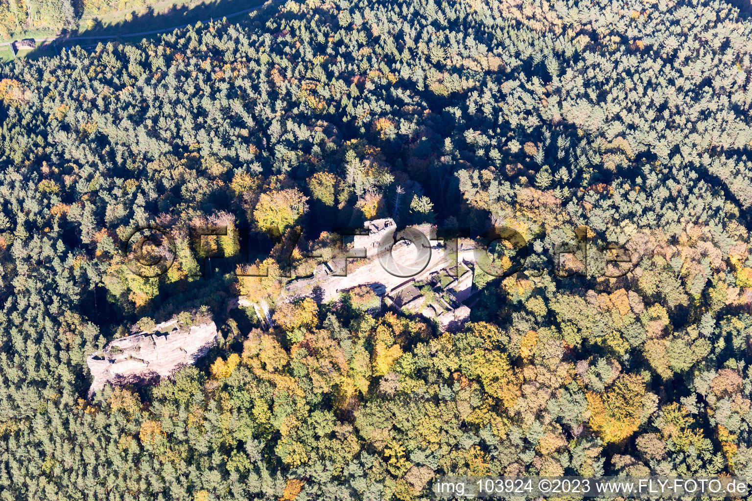 Ruines du château de Drachenfels à Busenberg dans le département Rhénanie-Palatinat, Allemagne depuis l'avion