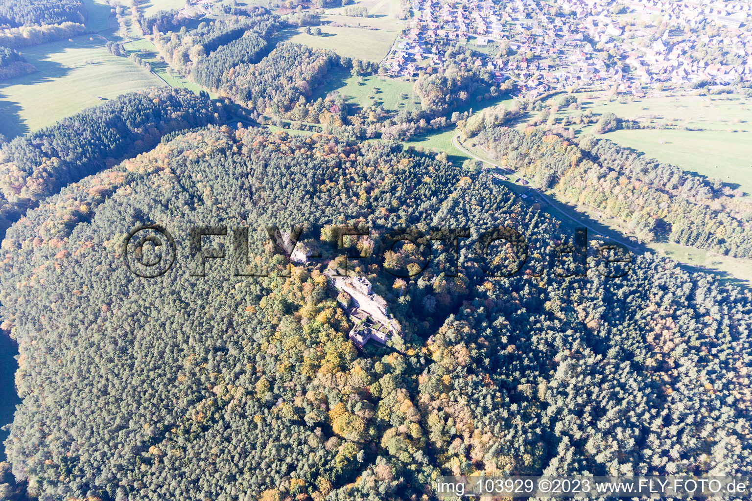 Ruines du château de Drachenfels à Busenberg dans le département Rhénanie-Palatinat, Allemagne vue du ciel