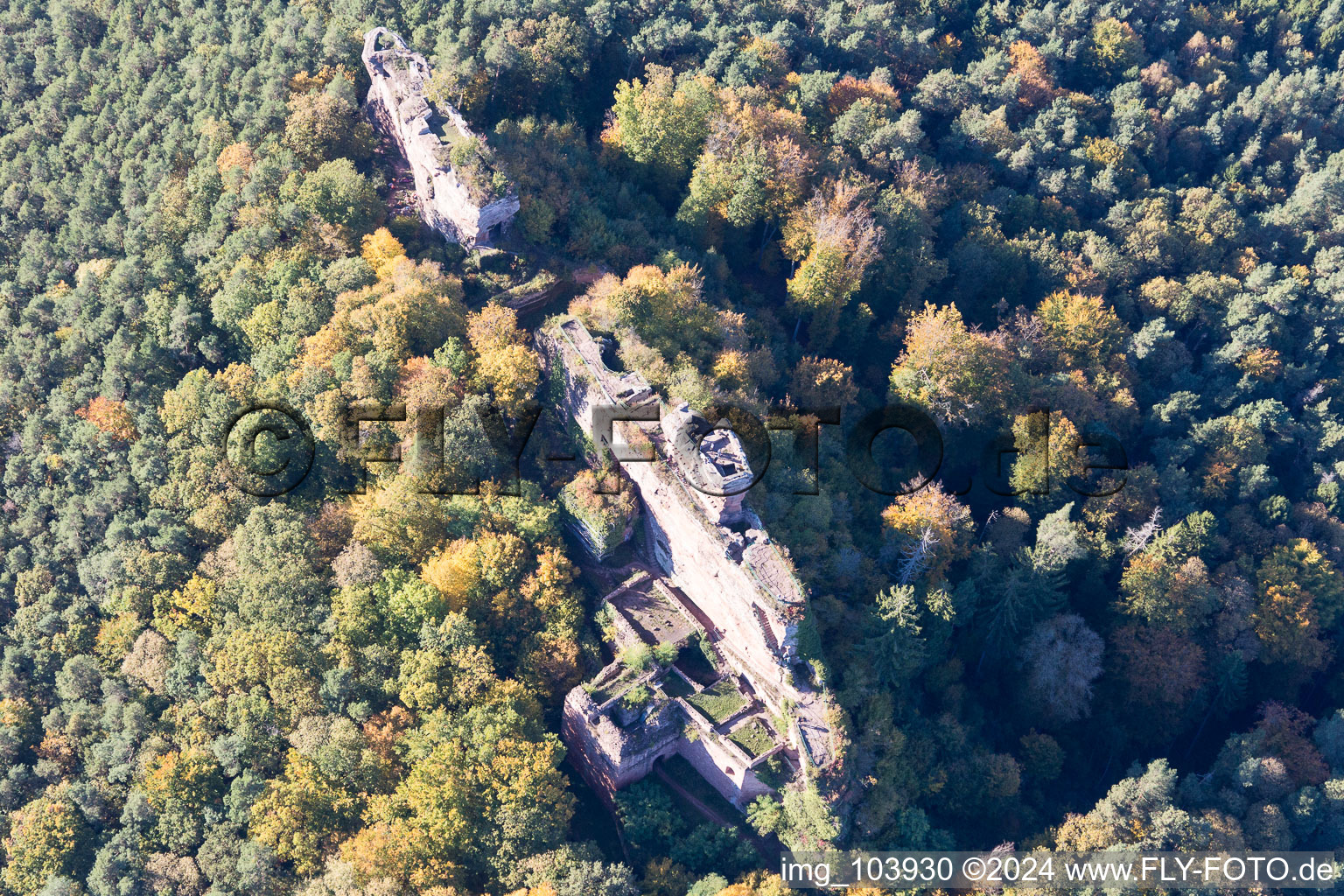 Enregistrement par drone de Ruines du château de Drachenfels à Busenberg dans le département Rhénanie-Palatinat, Allemagne