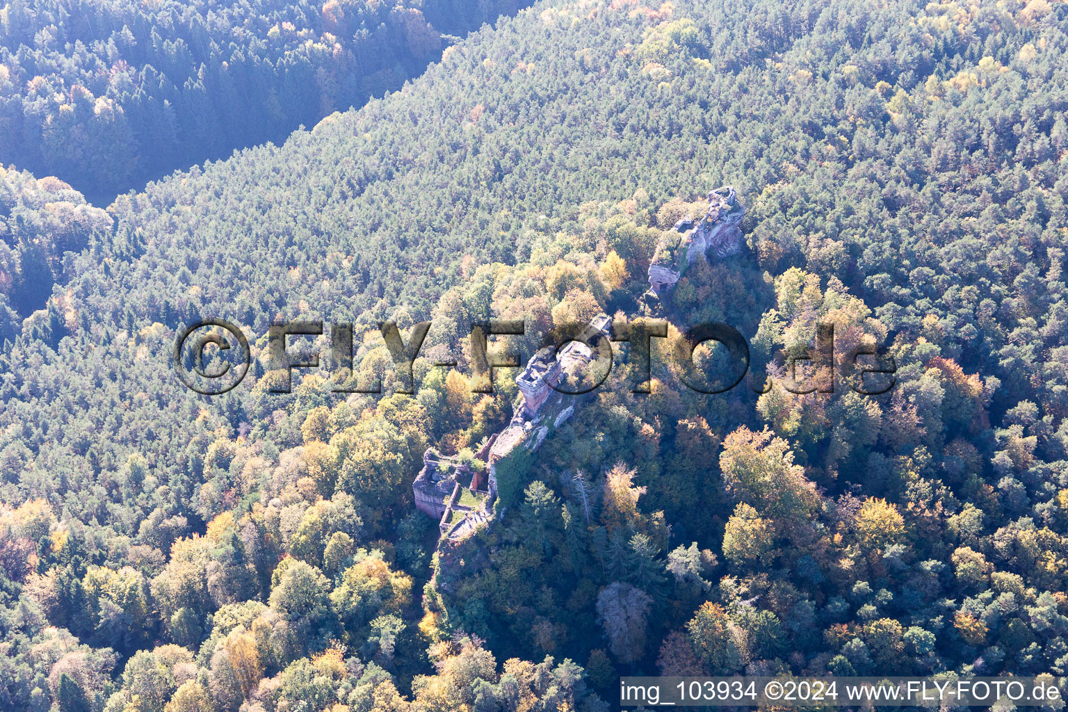 Image drone de Ruines du château de Drachenfels à Busenberg dans le département Rhénanie-Palatinat, Allemagne