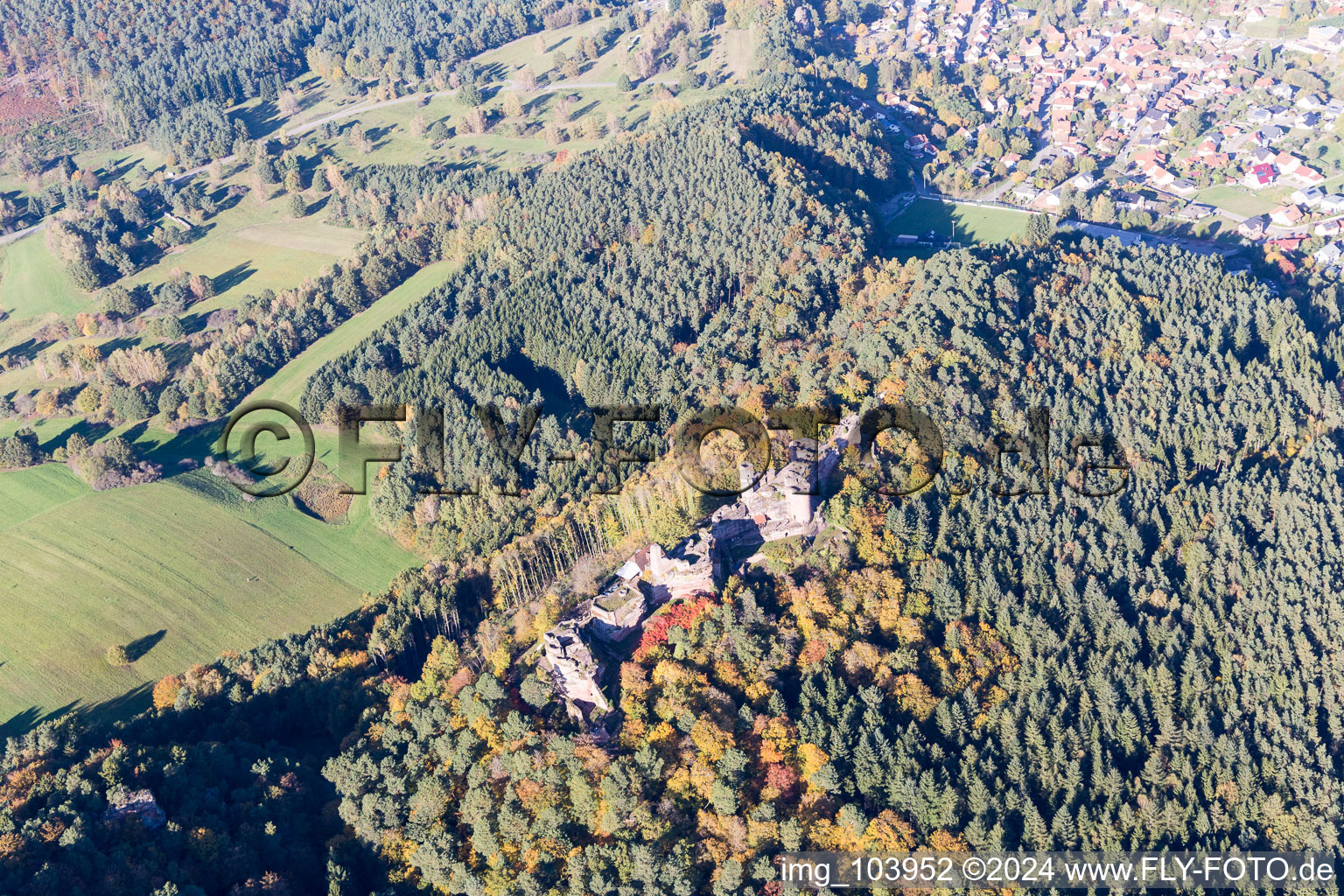 Vue aérienne de Châteaux d'Altdahn et de Neudahn à Dahn dans le département Rhénanie-Palatinat, Allemagne