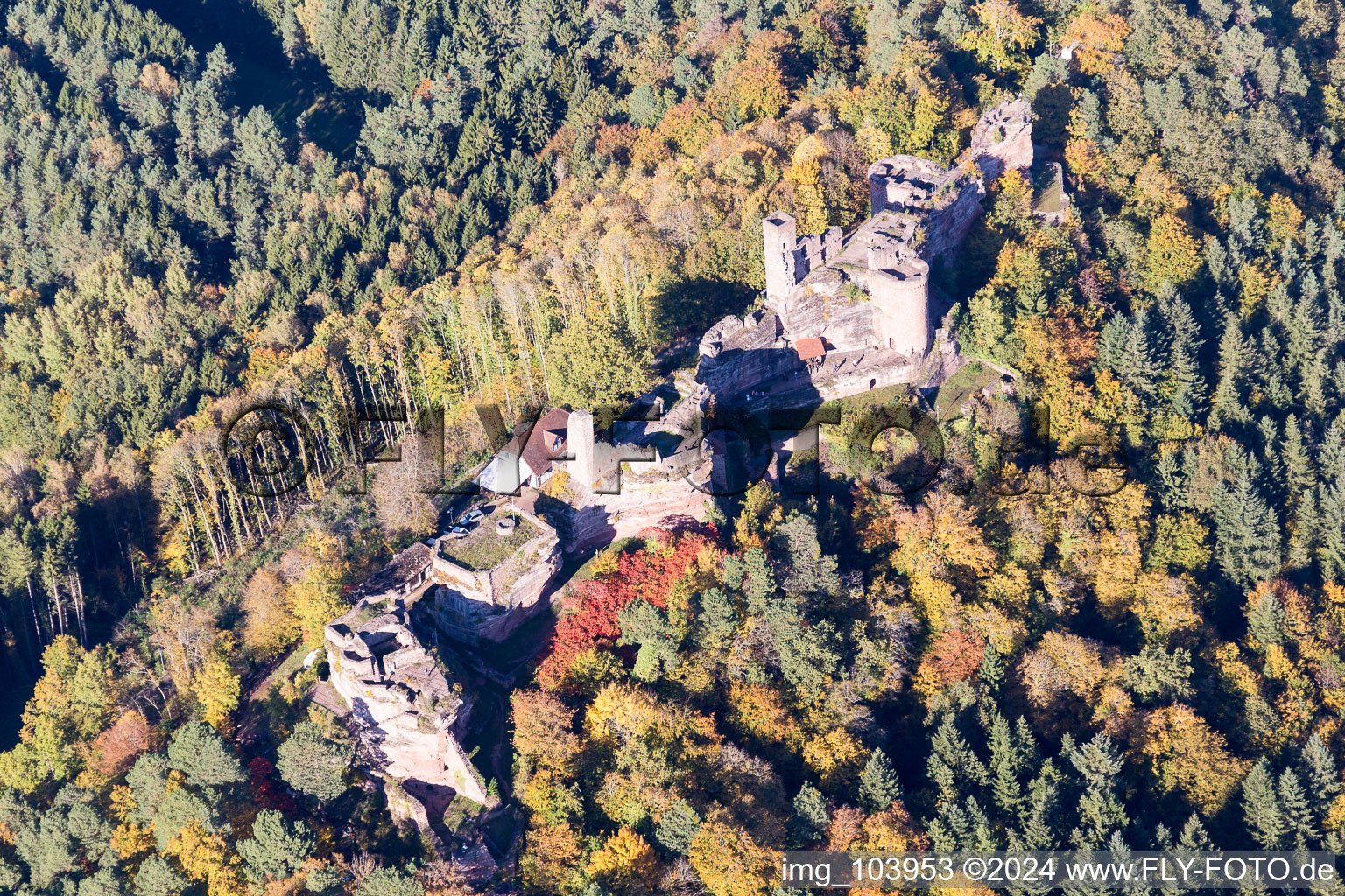 Photographie aérienne de Châteaux d'Altdahn et de Neudahn à Dahn dans le département Rhénanie-Palatinat, Allemagne