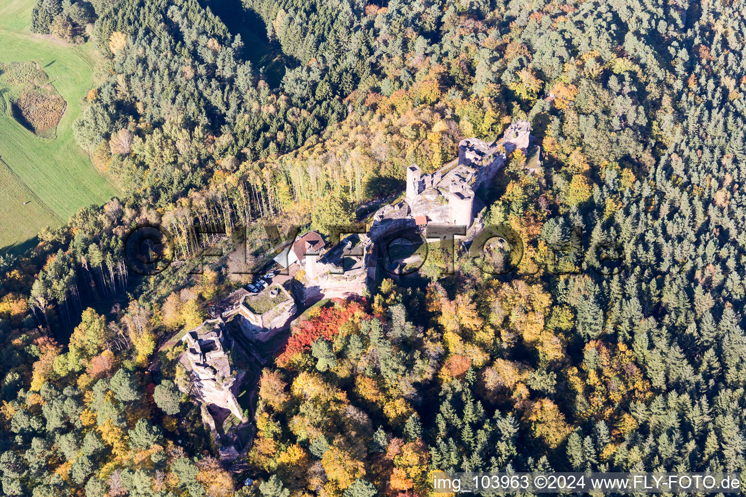 Vue oblique de Châteaux d'Altdahn et de Neudahn à Dahn dans le département Rhénanie-Palatinat, Allemagne