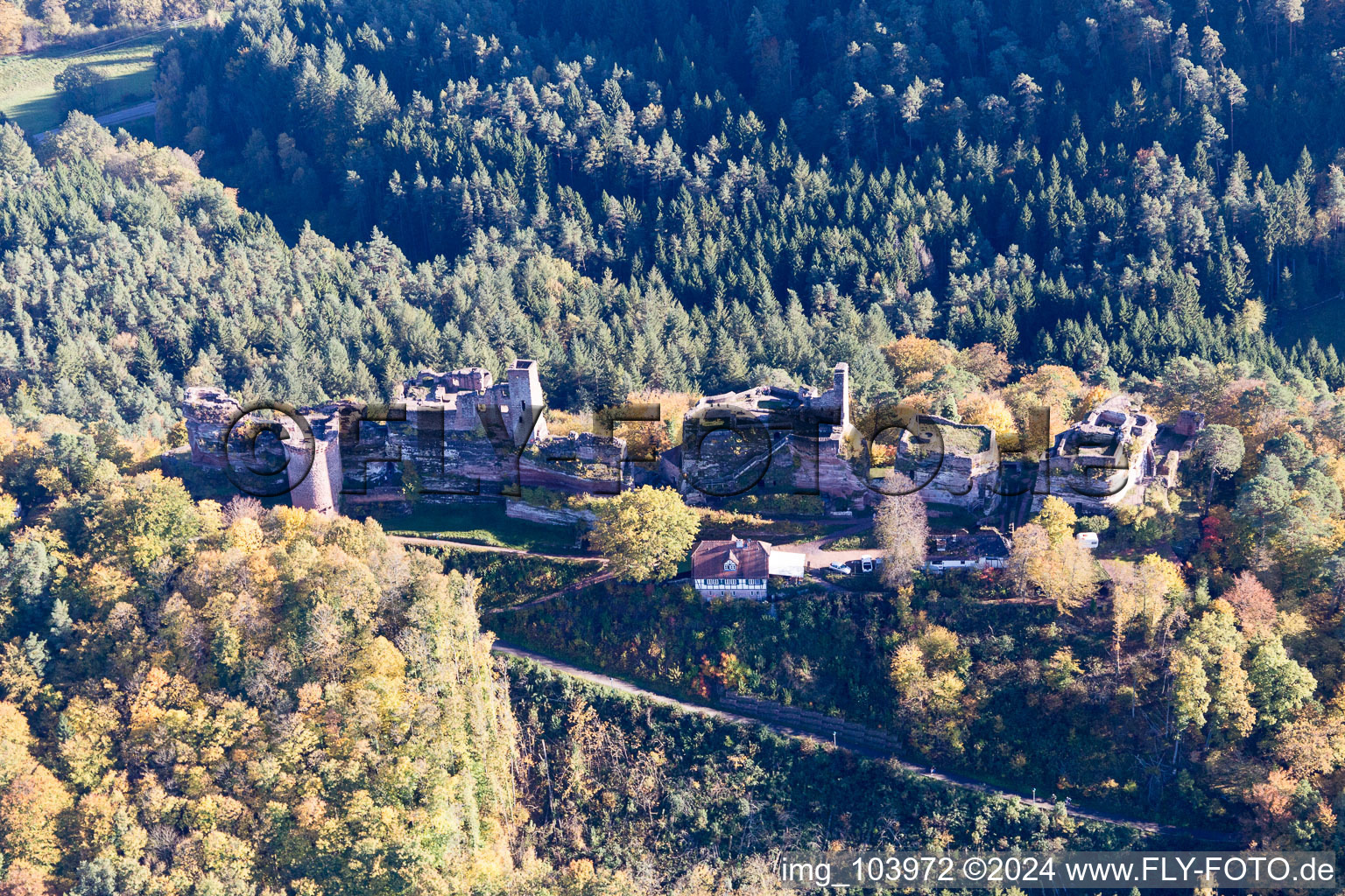 Châteaux d'Altdahn et de Neudahn à Dahn dans le département Rhénanie-Palatinat, Allemagne depuis l'avion