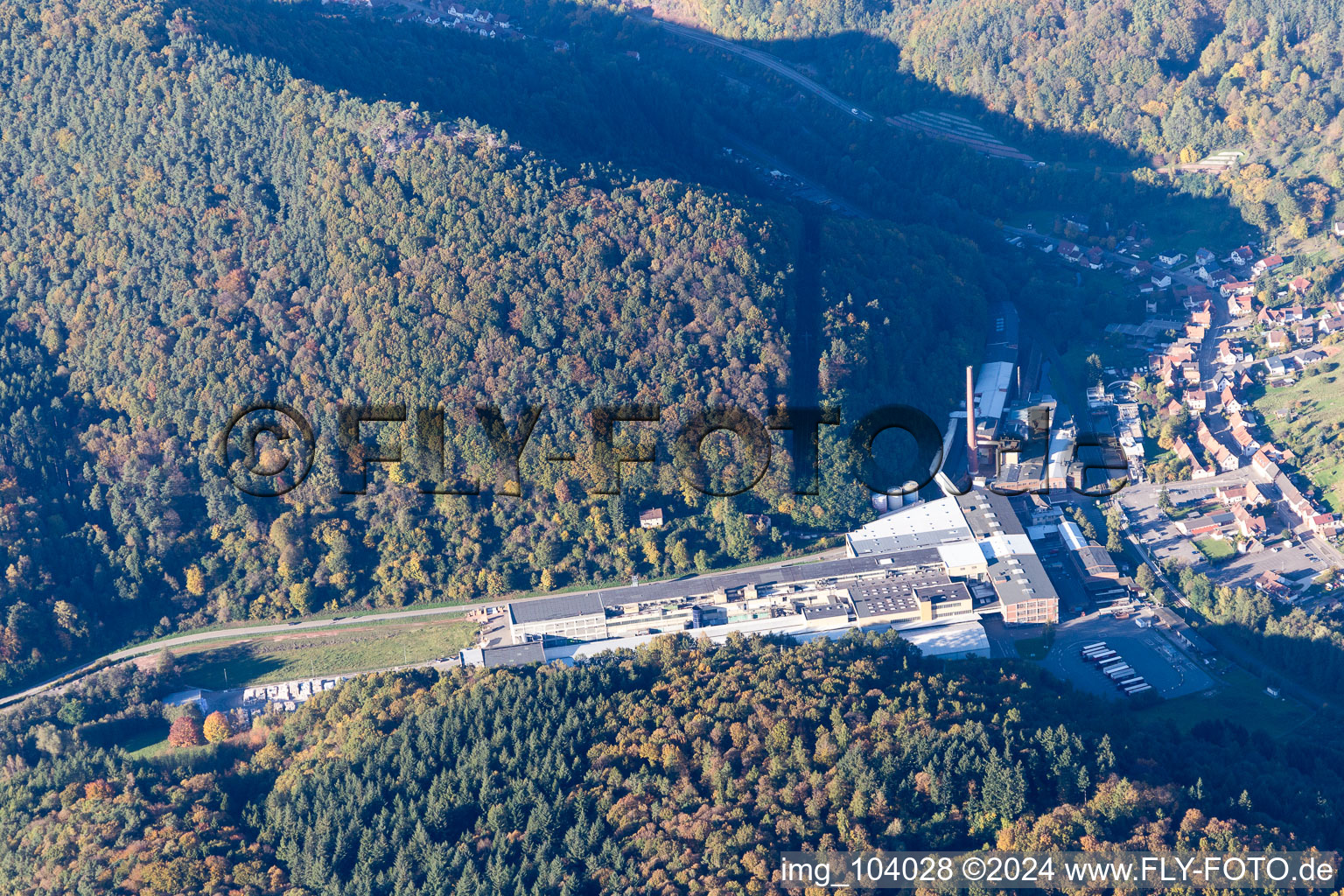 Vue oblique de Les locaux de l'usine de carton Buchmann GmbH à le quartier Sarnstall in Annweiler am Trifels dans le département Rhénanie-Palatinat, Allemagne