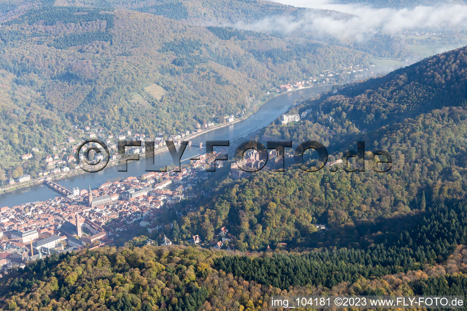 Vue aérienne de Vieille ville, vieux pont sur le Neckar, château à le quartier Kernaltstadt in Heidelberg dans le département Bade-Wurtemberg, Allemagne