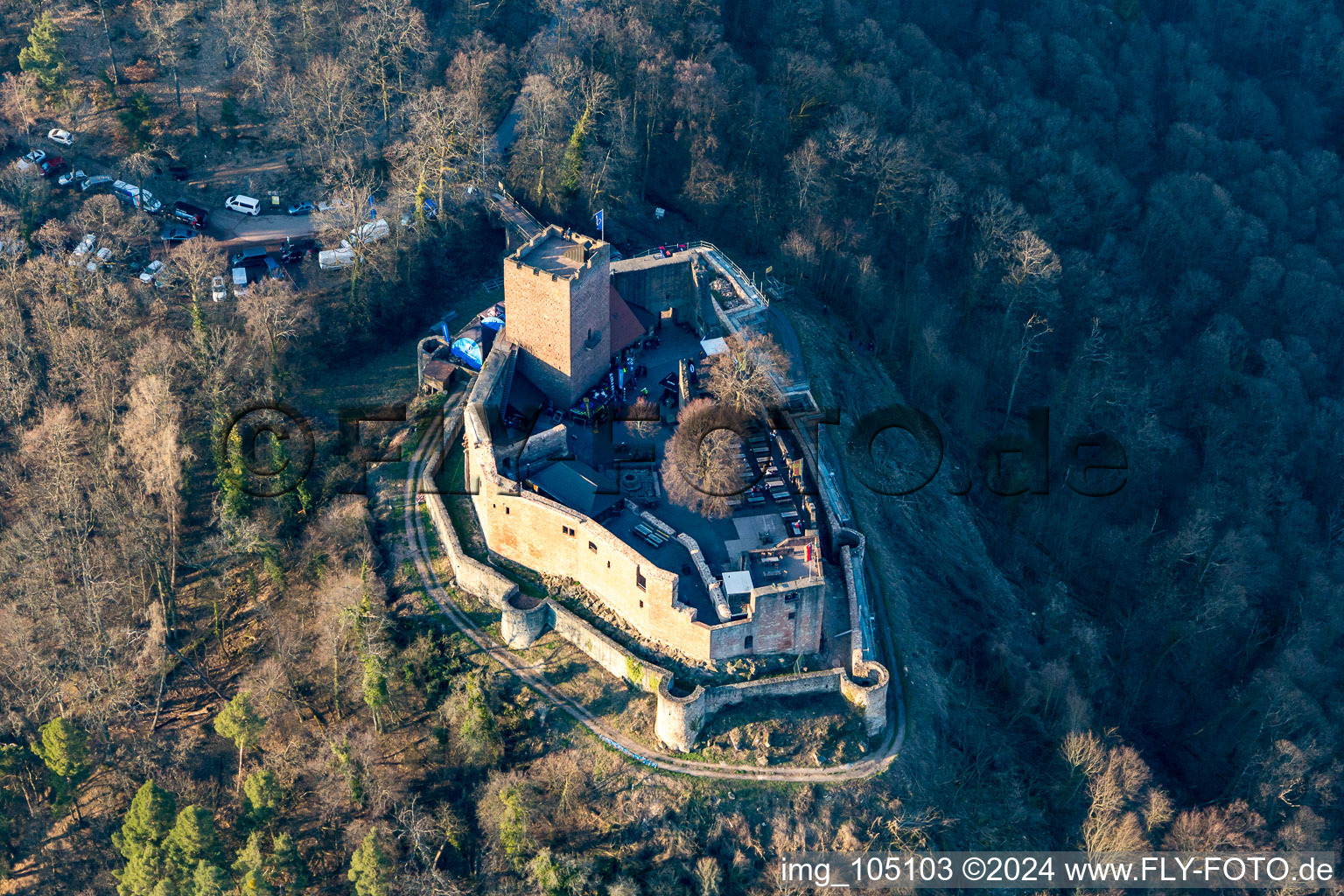 Vue aérienne de Ruines du château de Landeck à Klingenmünster dans le département Rhénanie-Palatinat, Allemagne