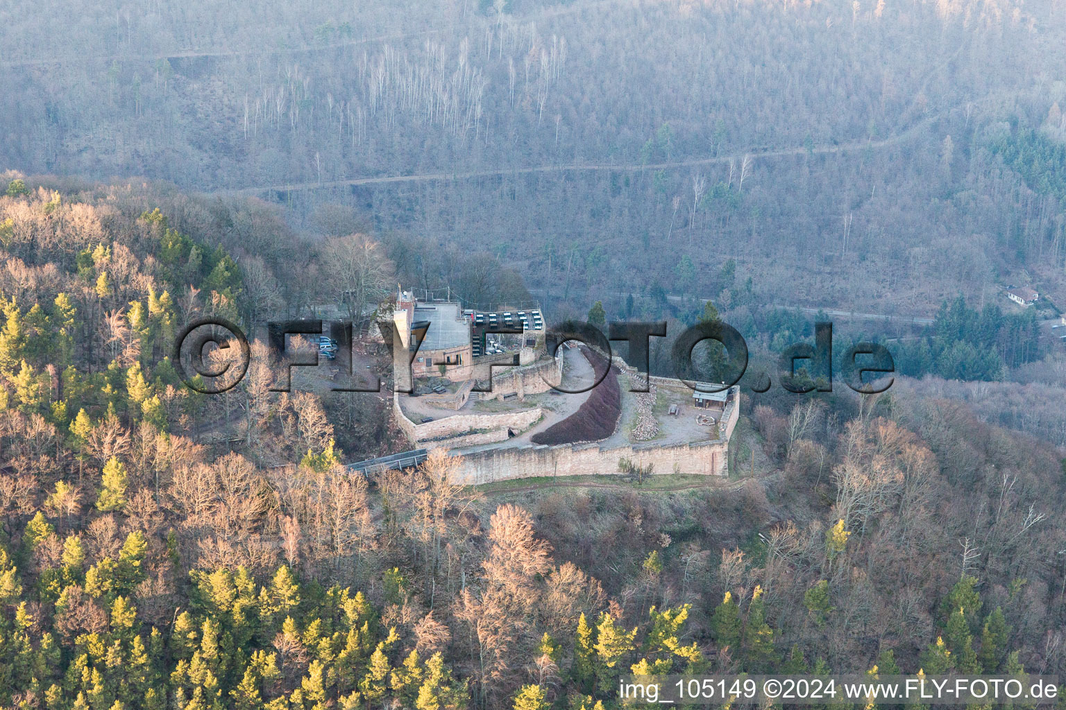 Vue aérienne de Ruines du château de Rietburg à Rhodt unter Rietburg dans le département Rhénanie-Palatinat, Allemagne