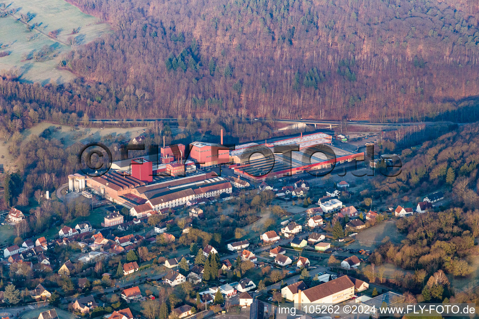 Vue aérienne de Locaux d'usine de la fonderie FONDERIE DE NIEDERBRONN à Niederbronn-les-Bains dans le département Bas Rhin, France