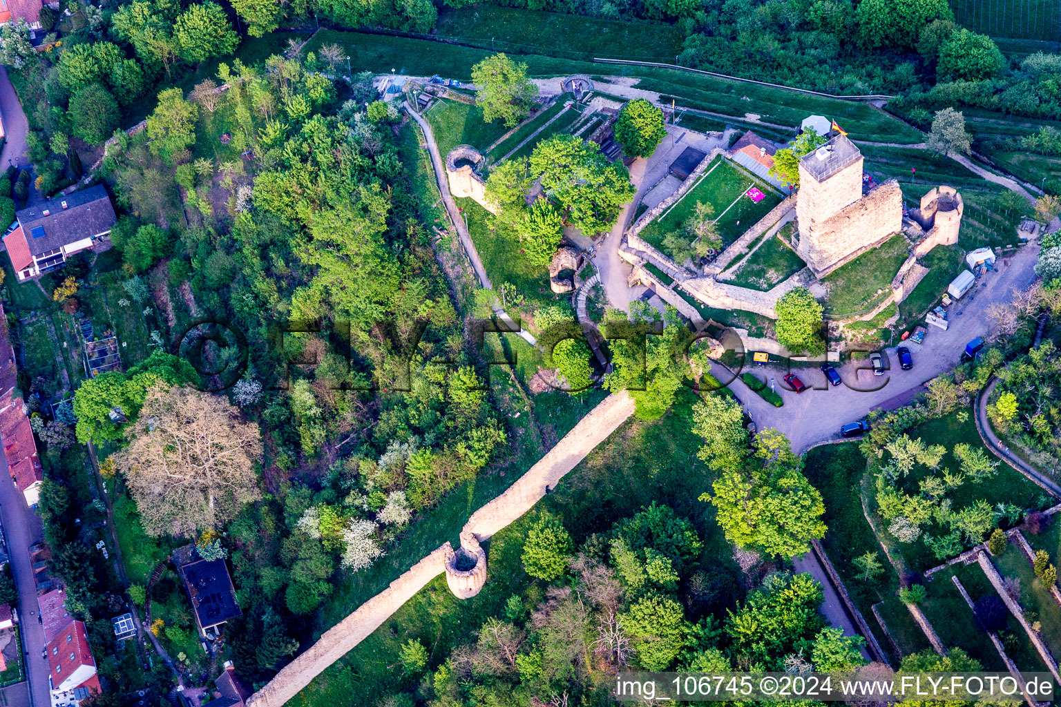 Wachtenburg (ruine du « château de Wachenheim ») à Wachenheim an der Weinstraße dans le département Rhénanie-Palatinat, Allemagne d'en haut