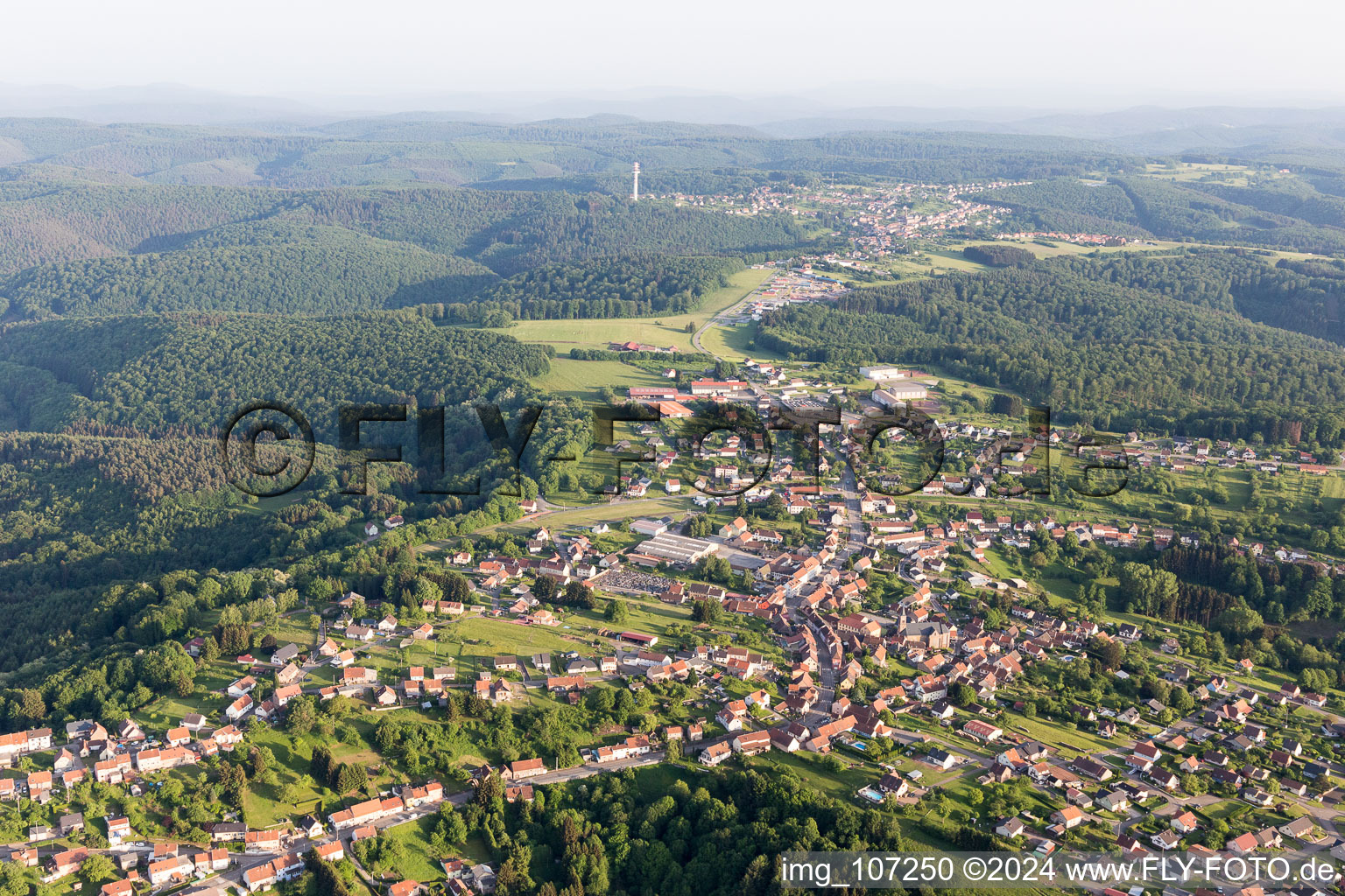 Vue aérienne de Vue des rues et des maisons des quartiers résidentiels à Lemberg dans le département Moselle, France