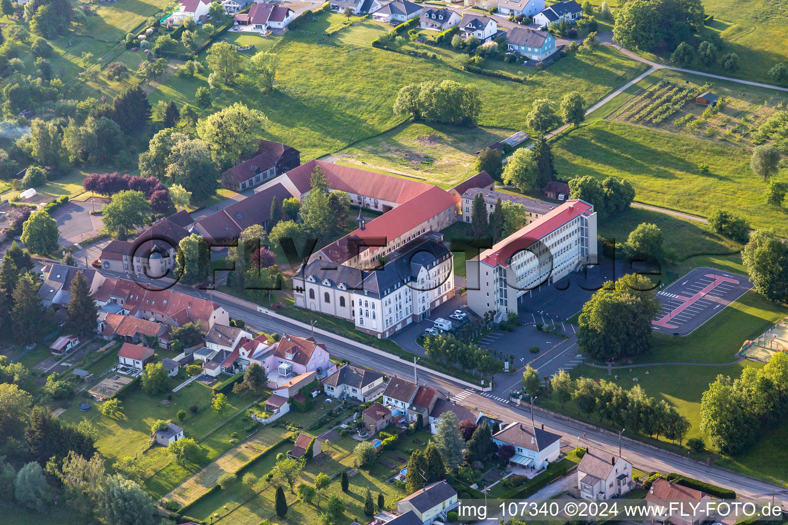 Vue aérienne de Rue Saint-Michel, Clos du château et École élémentaire publique à Neufgrange dans le département Moselle, France