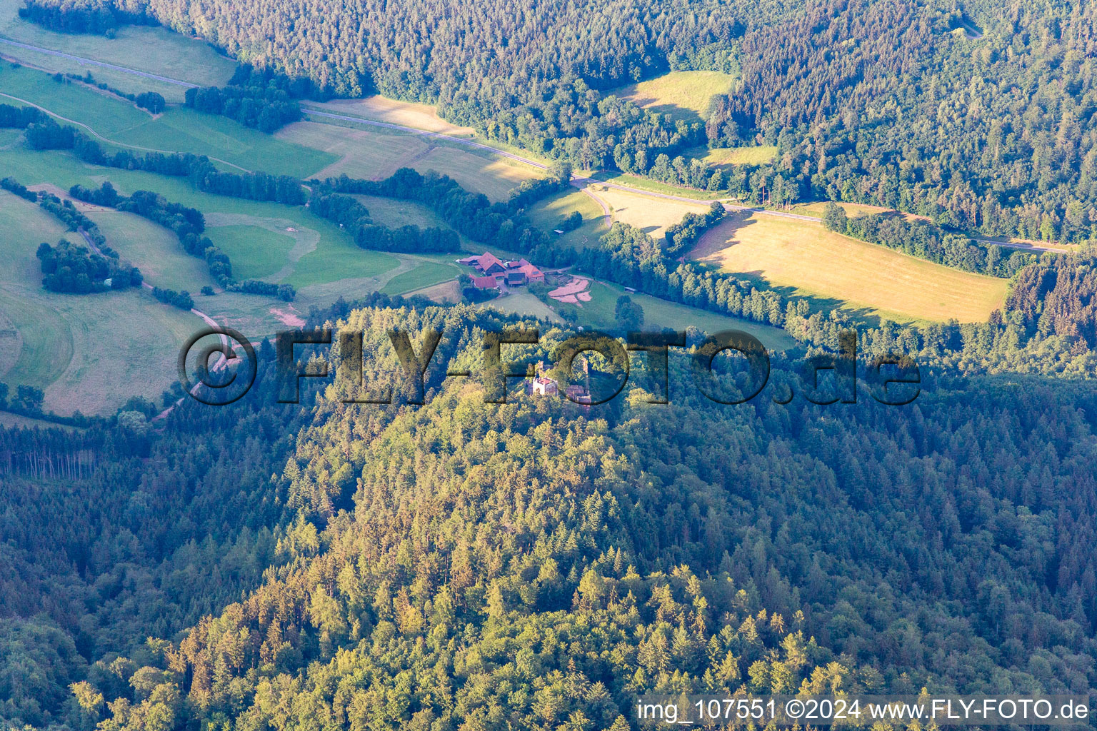 Vue aérienne de Château de Wildenberg à le quartier Preunschen in Kirchzell dans le département Bavière, Allemagne