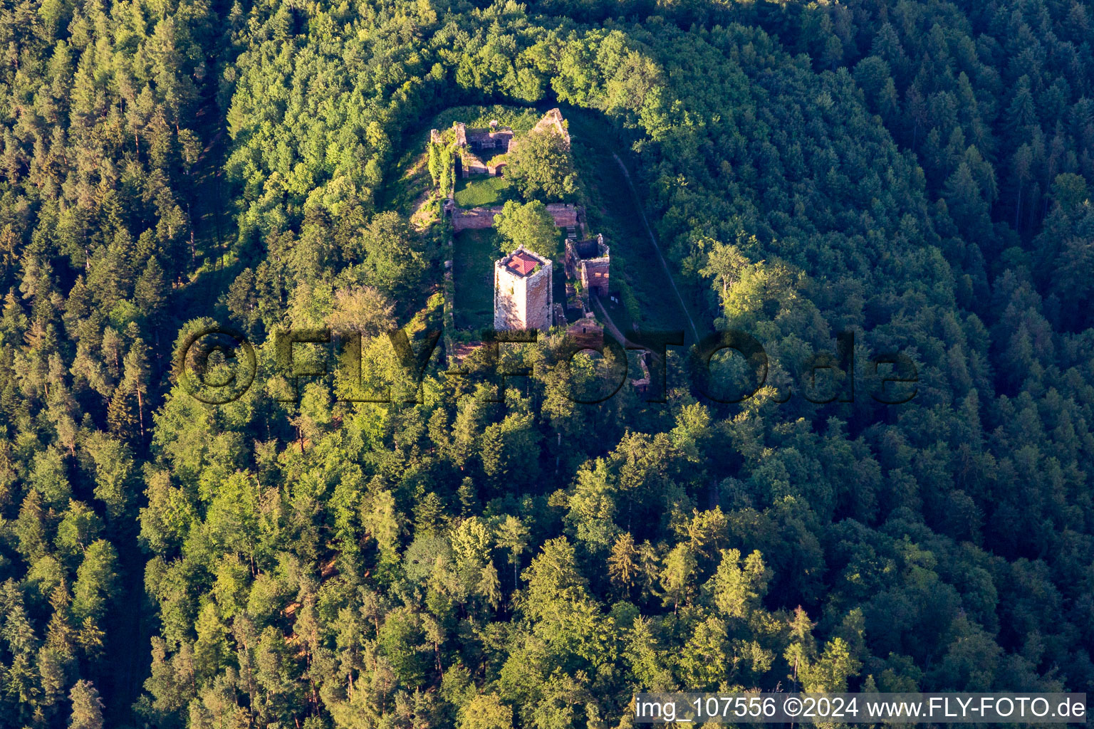 Vue oblique de Château de Wildenberg à le quartier Preunschen in Kirchzell dans le département Bavière, Allemagne