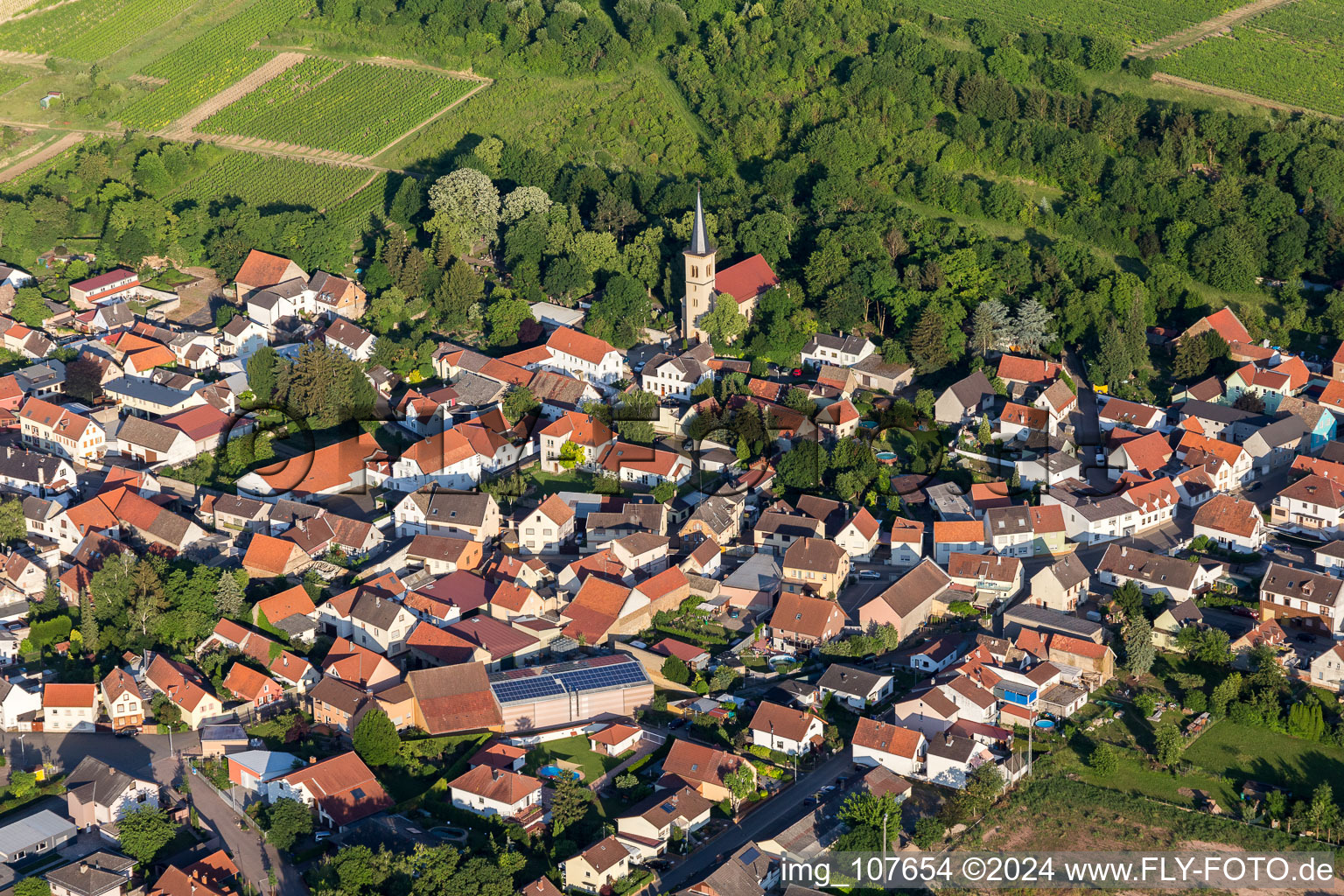 Vue aérienne de Bâtiment d'église sur le Kirchberg au centre du village à le quartier Heßloch in Dittelsheim-Heßloch dans le département Rhénanie-Palatinat, Allemagne