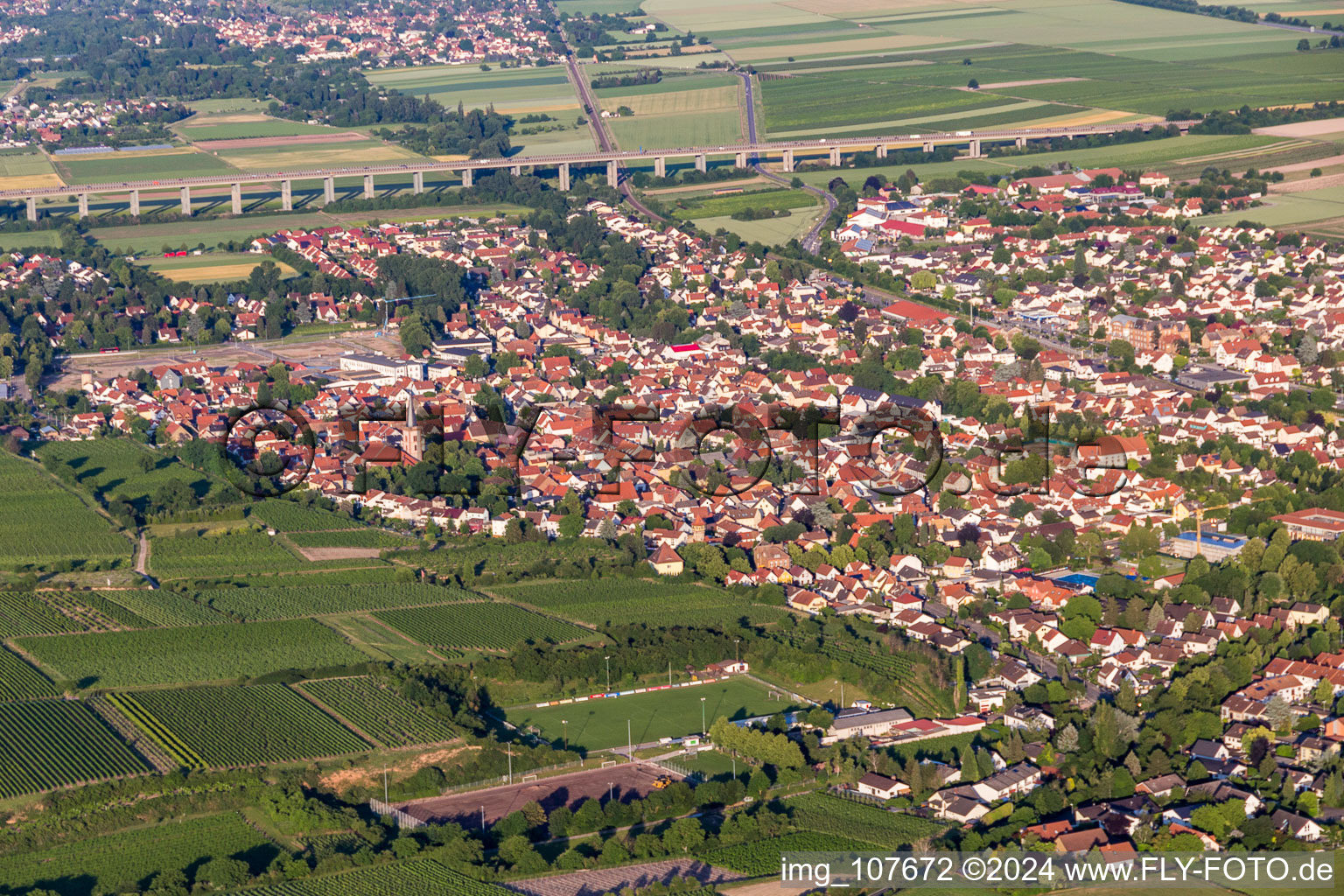 Vue aérienne de Devant l'A65 qui roule sur pilotis en Pfeddersheim à le quartier Pfeddersheim in Worms dans le département Rhénanie-Palatinat, Allemagne