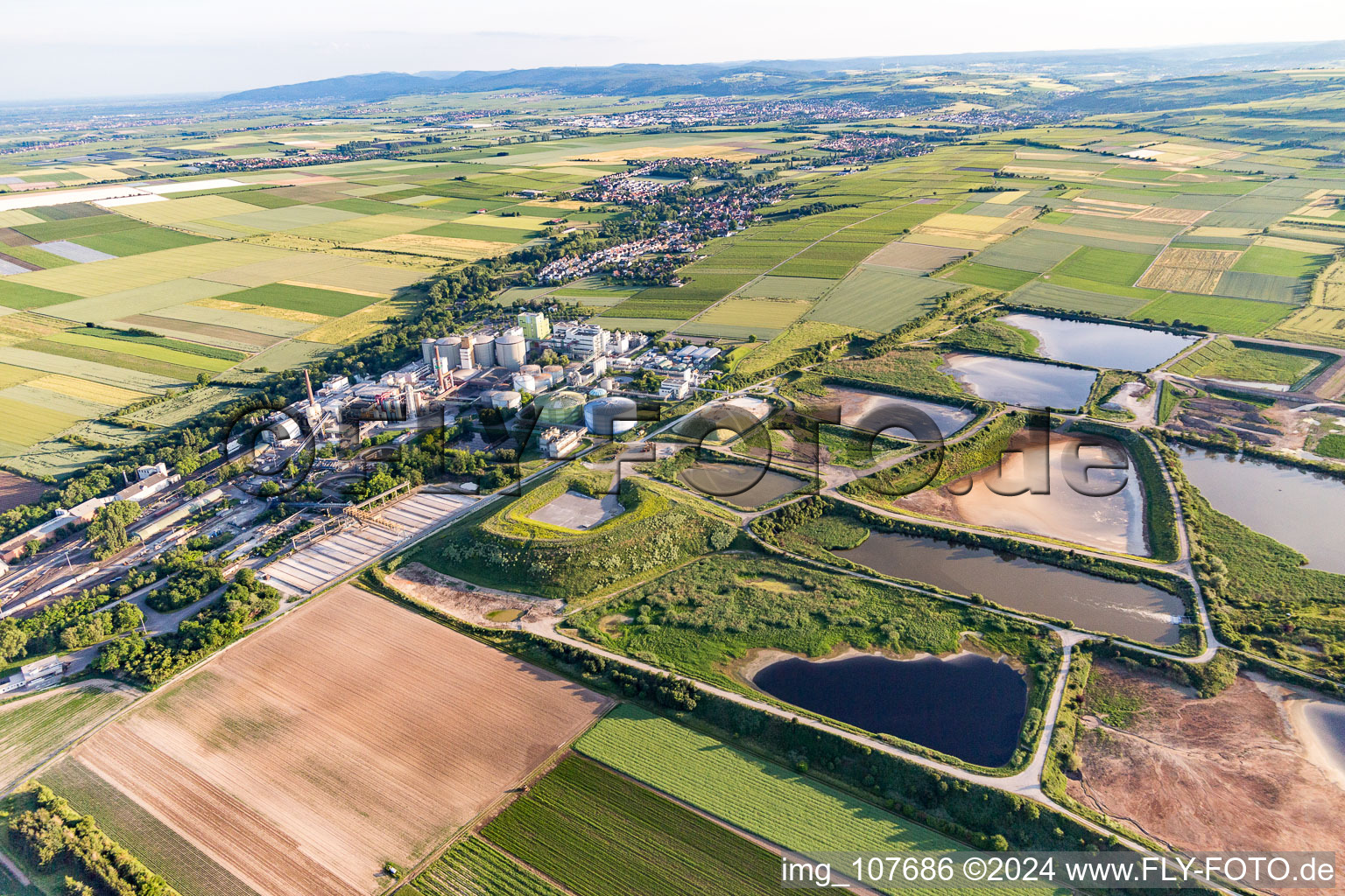 Photographie aérienne de Réservoir de traitement des eaux usées pour le traitement des eaux usées de l'usine sucrière Südzucker AG (Palatinat) à Obrigheim dans le département Rhénanie-Palatinat, Allemagne