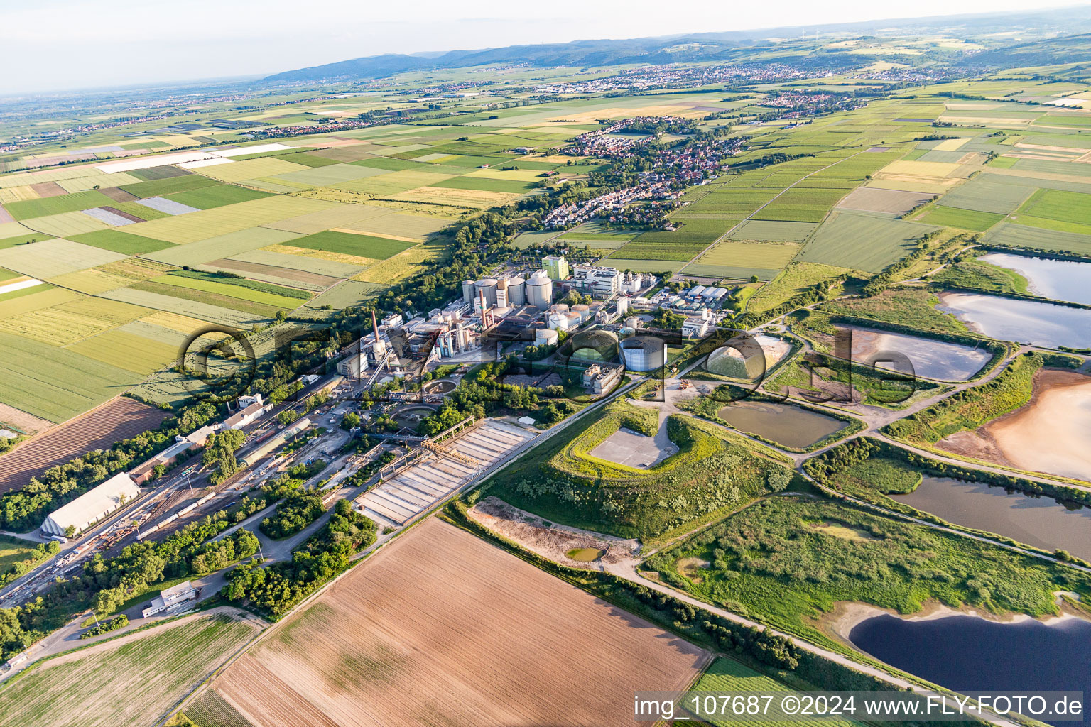 Vue oblique de Réservoir de traitement des eaux usées pour le traitement des eaux usées de l'usine sucrière Südzucker AG (Palatinat) à Obrigheim dans le département Rhénanie-Palatinat, Allemagne