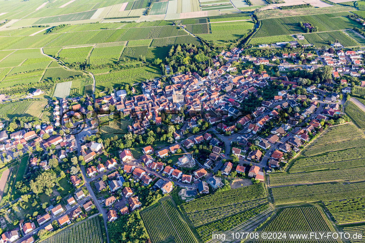 Vue aérienne de Vue sur la commune en bordure de champs agricoles et de zones agricoles à Großkarlbach dans le département Rhénanie-Palatinat, Allemagne