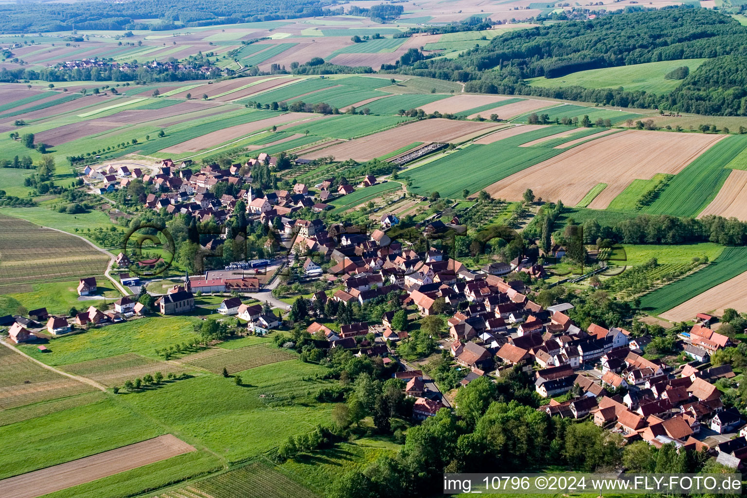 Vue aérienne de Champs agricoles et surfaces utilisables à Cleebourg dans le département Bas Rhin, France