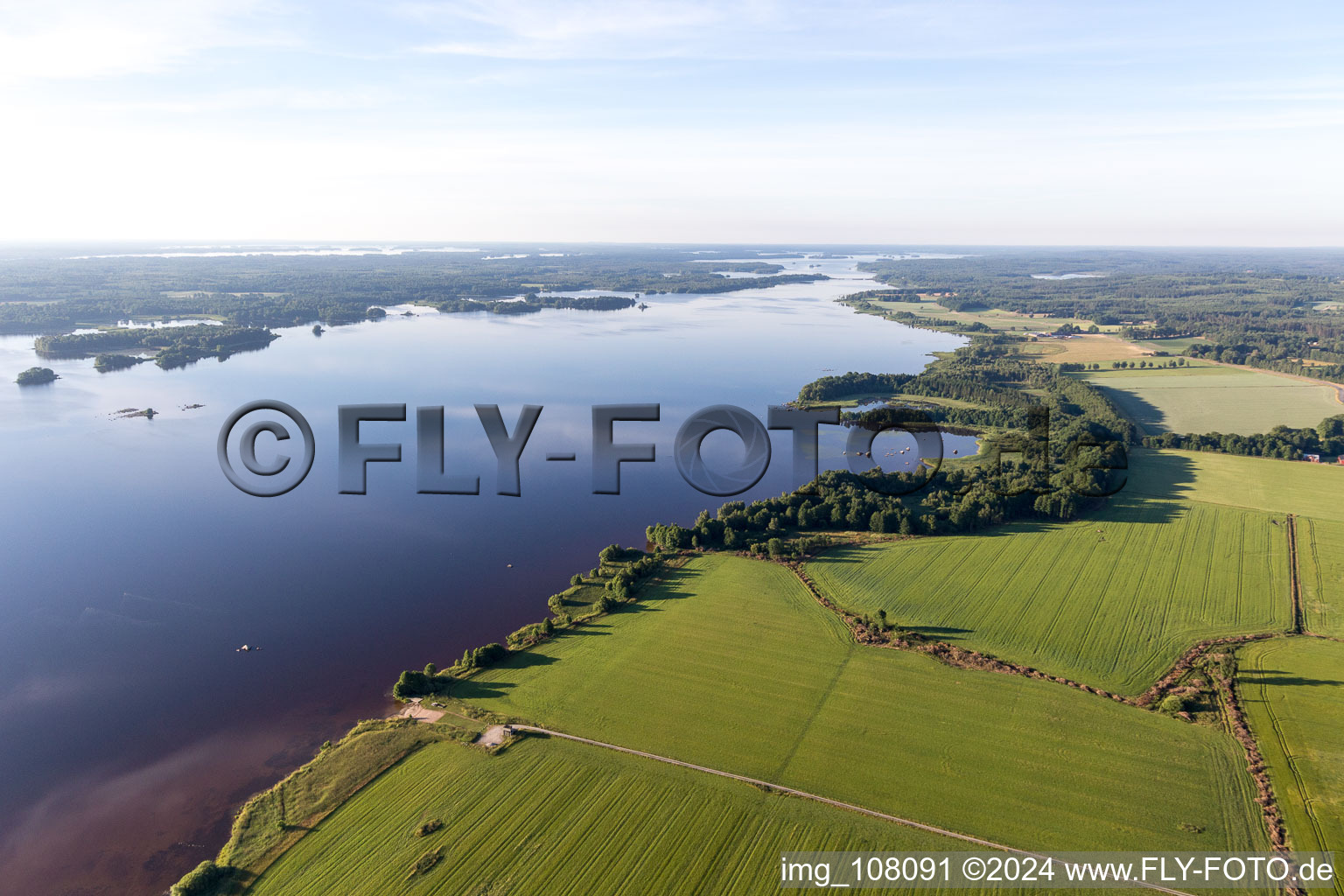 Vue aérienne de Rives du lac Åsnen aux couleurs de lande près de Skatelöv dans le Småland à Grimslöv dans le département Kronobergs län, Suède