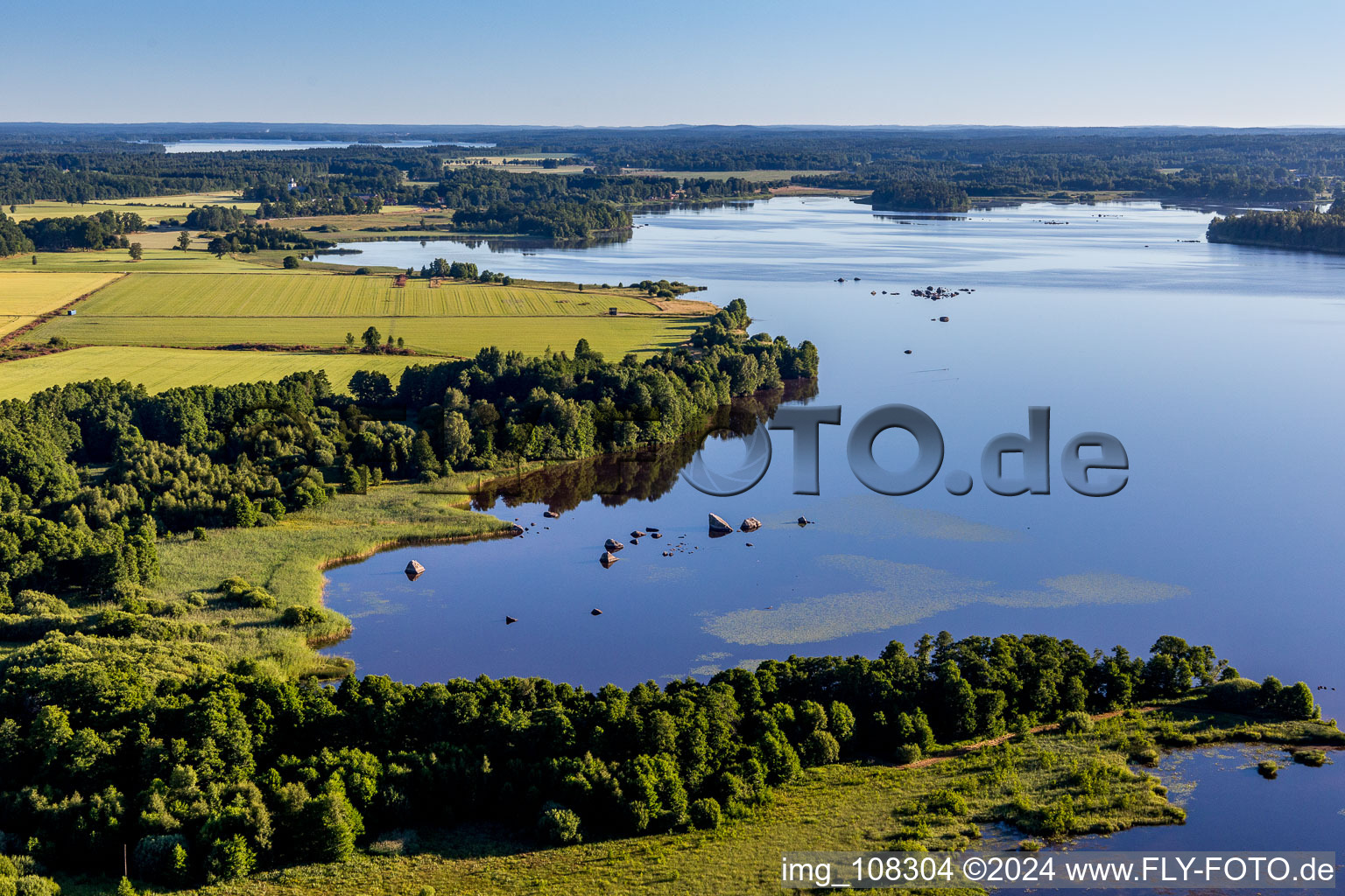 Vue aérienne de Zones forestières sur le rivage du lac Åsnen de couleur lande près de Hunna dans le Småland à Grimslöv dans le département Kronobergs län, Suède