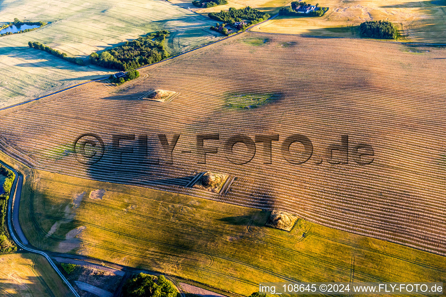 Vue aérienne de Structures dans les champs agricoles avec tumulus préhistoriques à Borre dans le département Sjaelland, Danemark