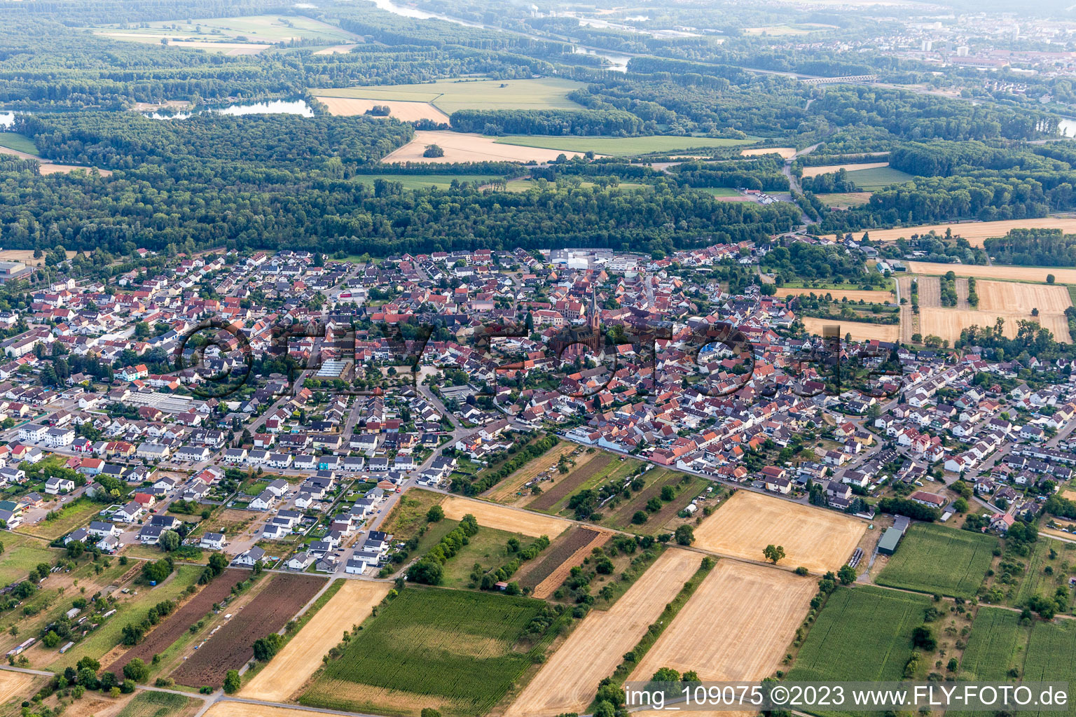 Vue oblique de Du nord-est à le quartier Rheinsheim in Philippsburg dans le département Bade-Wurtemberg, Allemagne