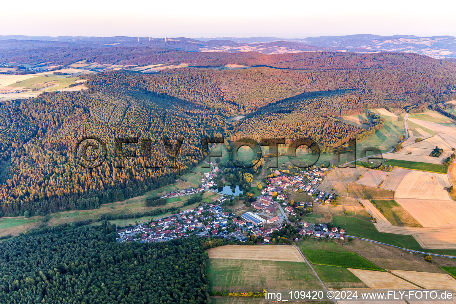 Vue aérienne de Zones riveraines du lac en Rehbach à le quartier Rehbach in Michelstadt dans le département Hesse, Allemagne