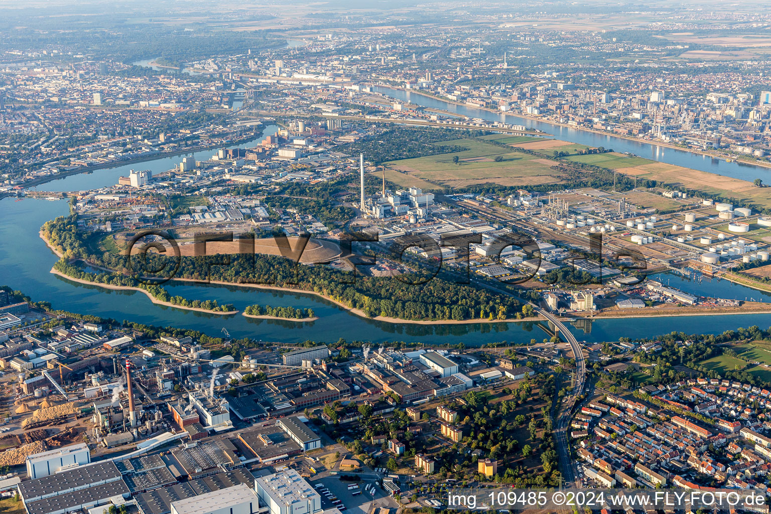 Vue aérienne de Île de Friesenheim à le quartier Neckarstadt-West in Mannheim dans le département Bade-Wurtemberg, Allemagne