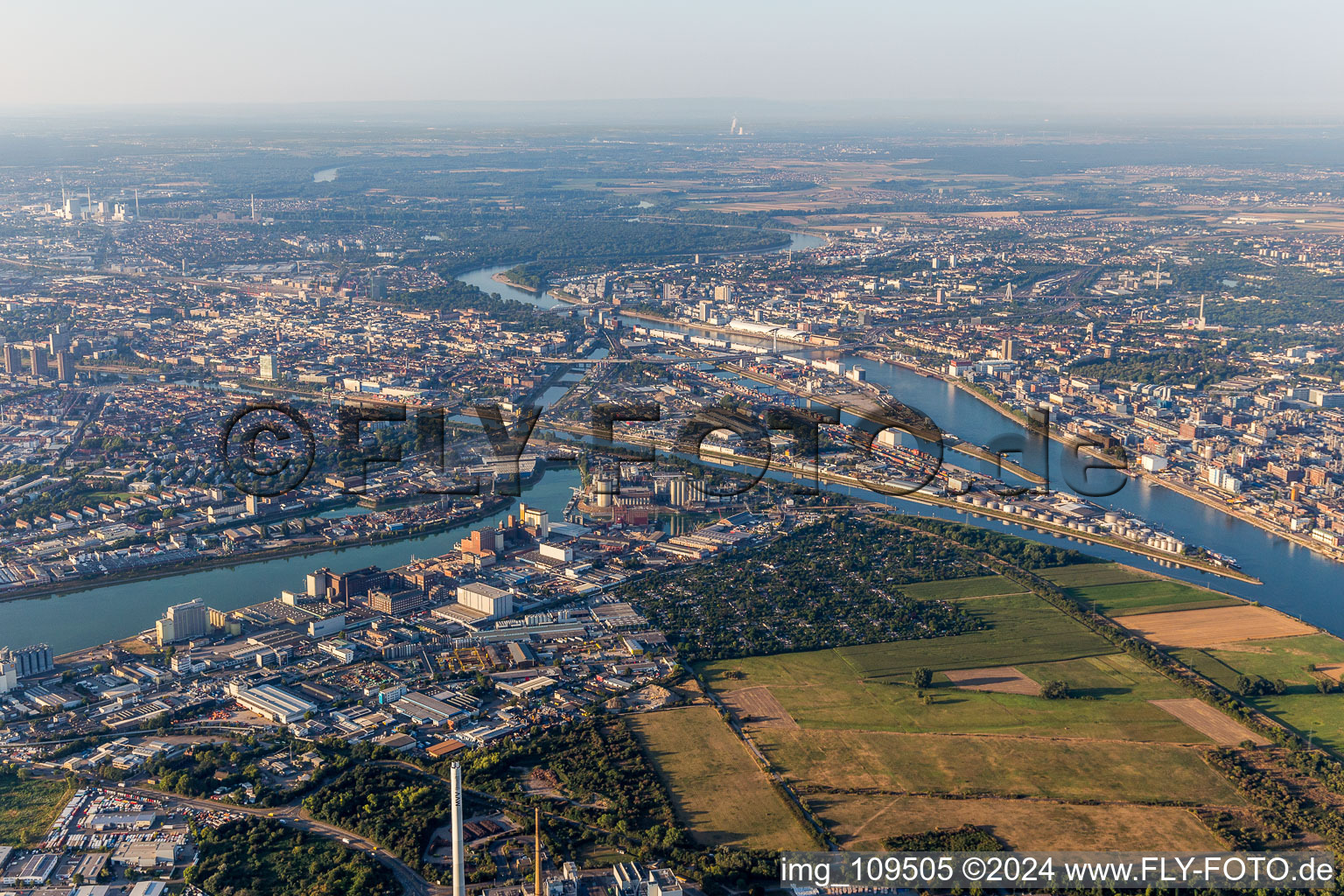 Vue aérienne de Port industriel de la pointe Neckarspitze à le quartier Neckarstadt-West in Mannheim dans le département Bade-Wurtemberg, Allemagne