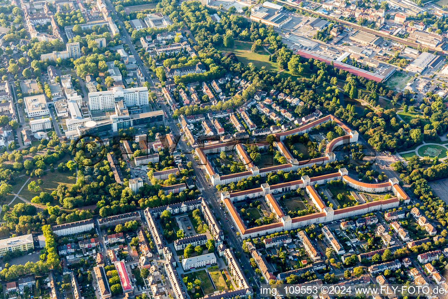 Vue aérienne de Quartier résidentiel le long de l'Ebertstrasse à Ebertpark à le quartier Friesenheim in Ludwigshafen am Rhein dans le département Rhénanie-Palatinat, Allemagne