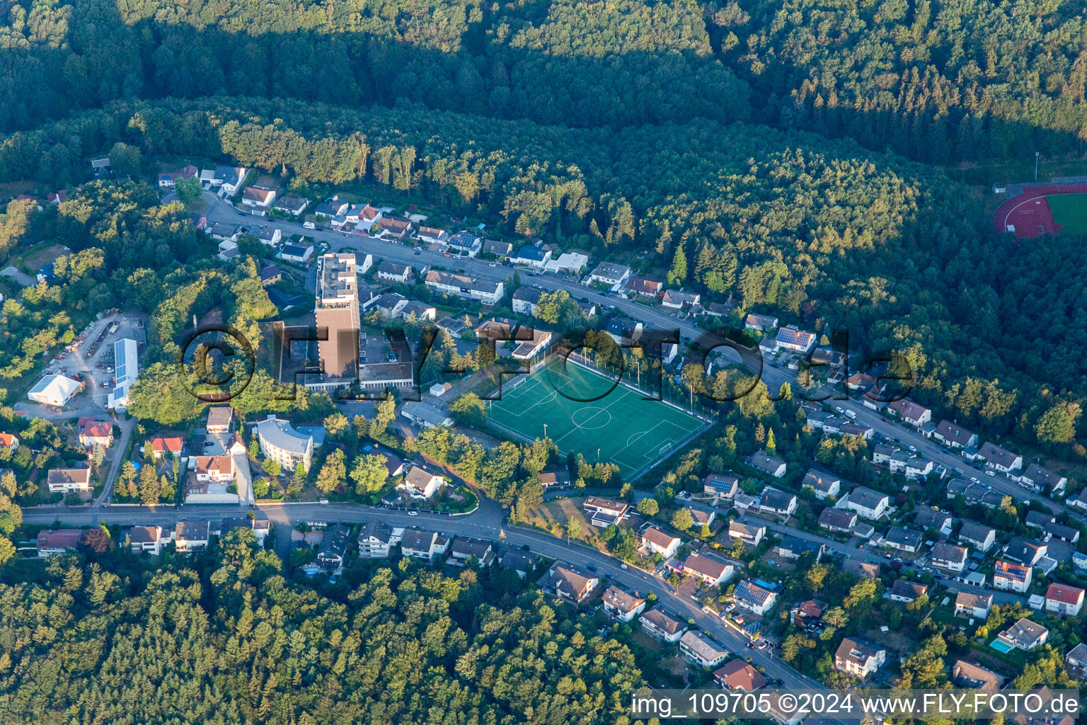 Vue aérienne de Centre ville entouré de forêt et de zones forestières avec rues et maisons et zones résidentielles de Ruhbank à Pirmasens à le quartier Ruhbank in Pirmasens dans le département Rhénanie-Palatinat, Allemagne