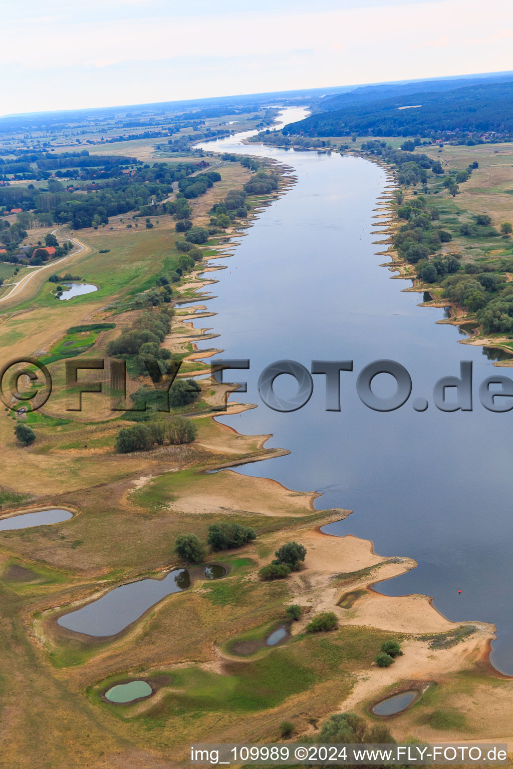 Vue aérienne de Cours de l'Elbe depuis l'est avec de nombreux épis à le quartier Konau in Amt Neuhaus dans le département Basse-Saxe, Allemagne