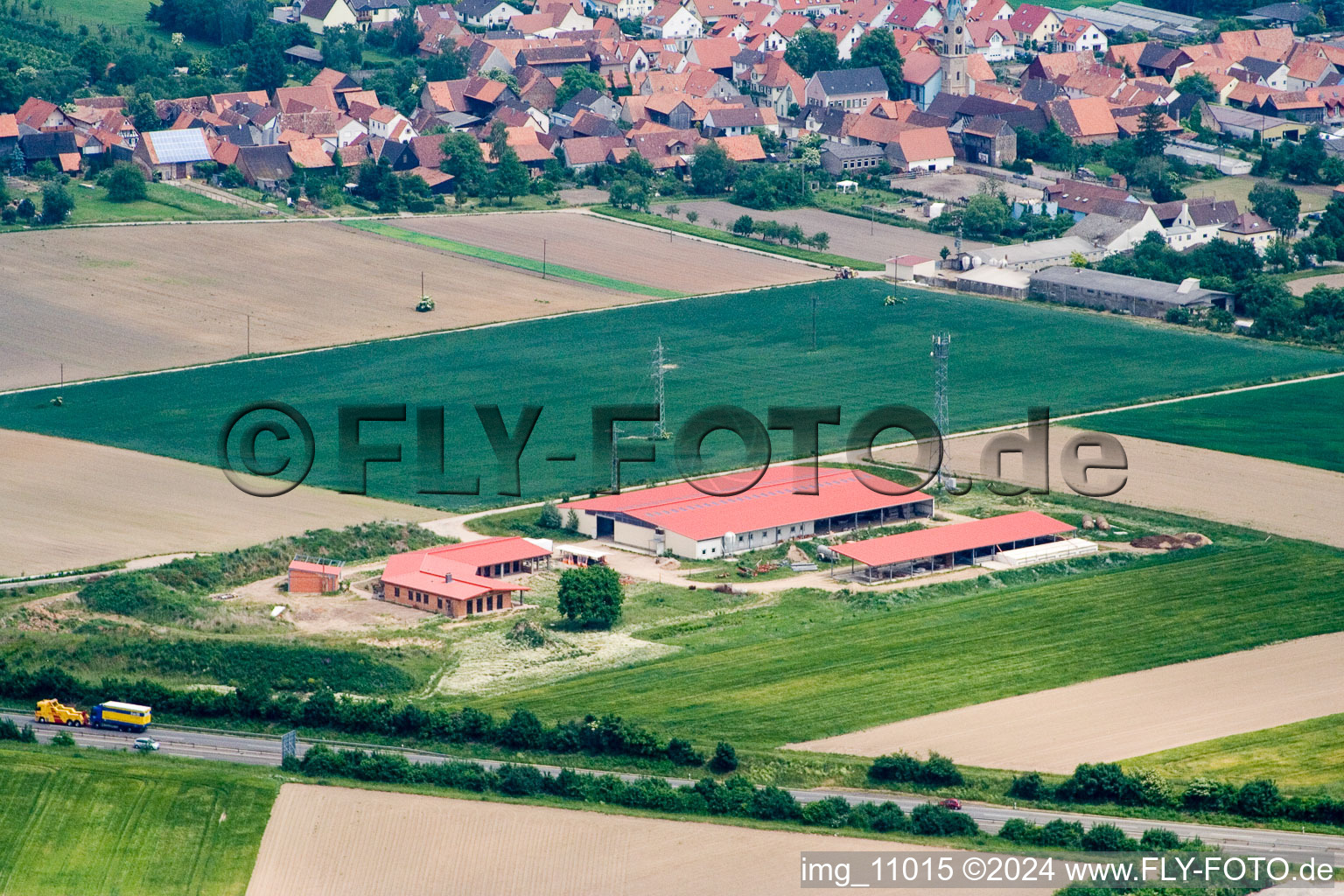 Vue aérienne de Ferme d'œufs de ferme de poulets à Erlenbach bei Kandel dans le département Rhénanie-Palatinat, Allemagne