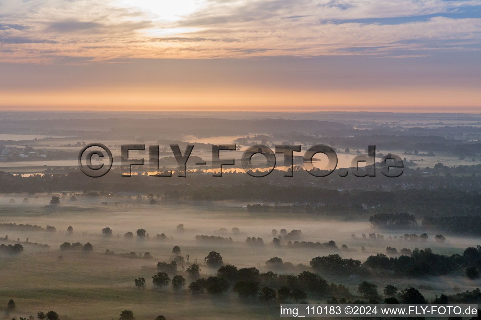 Vue aérienne de Boucle courbe des rives de l'Elbtalaue dans le brouillard matinal près de Boizenburg (Elbe) à le quartier Sassendorf in Hohnstorf dans le département Basse-Saxe, Allemagne