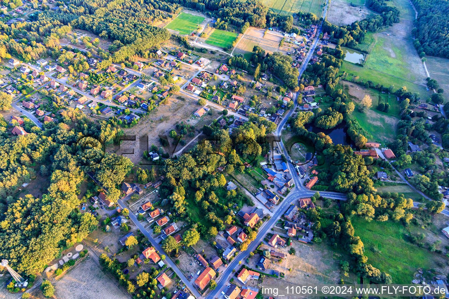 Vue aérienne de Vue d'ensemble du village depuis le nord à Neu Darchau dans le département Basse-Saxe, Allemagne