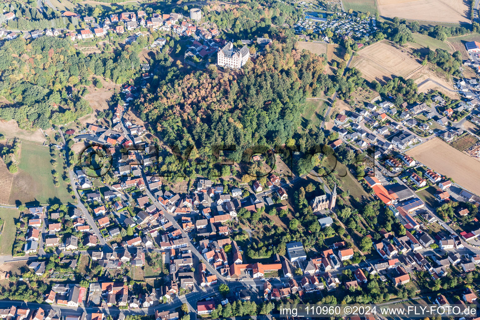 Château de Lichtenberg à le quartier Niedernhausen in Fischbachtal dans le département Hesse, Allemagne du point de vue du drone