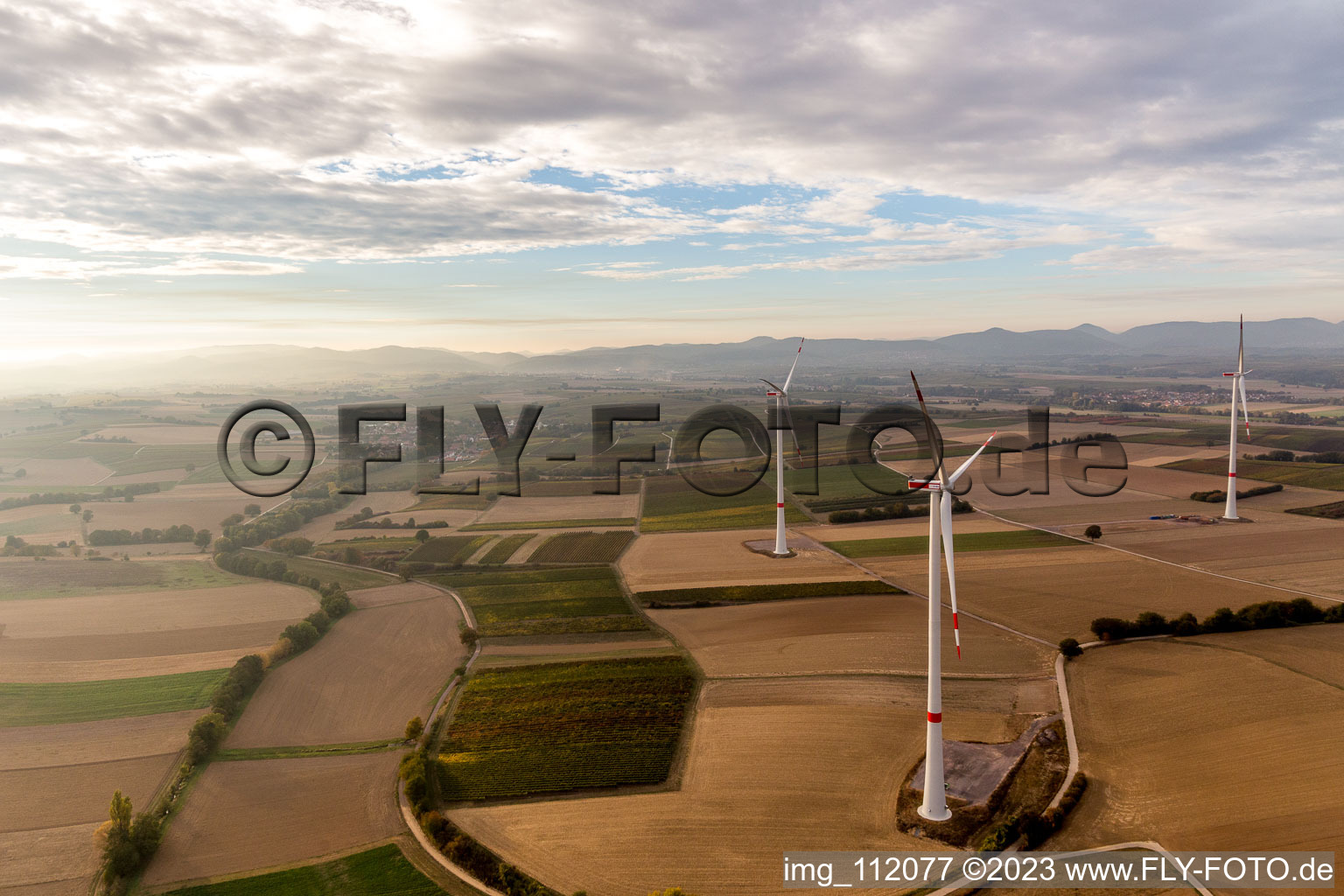 Image drone de Parc éolien EnBW - éolienne avec 6 éoliennes à Freckenfeld dans le département Rhénanie-Palatinat, Allemagne