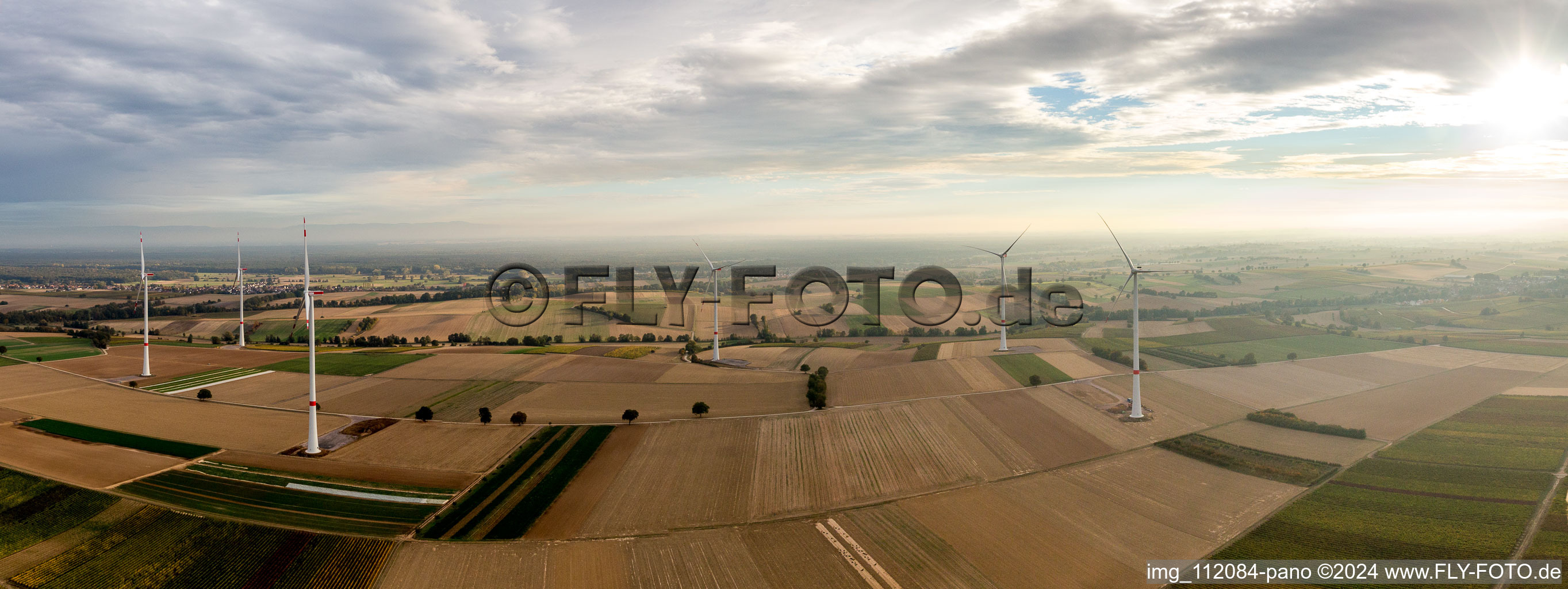 Vue aérienne de Parc éolien EnBW - éolienne avec 6 éoliennes à Freckenfeld dans le département Rhénanie-Palatinat, Allemagne