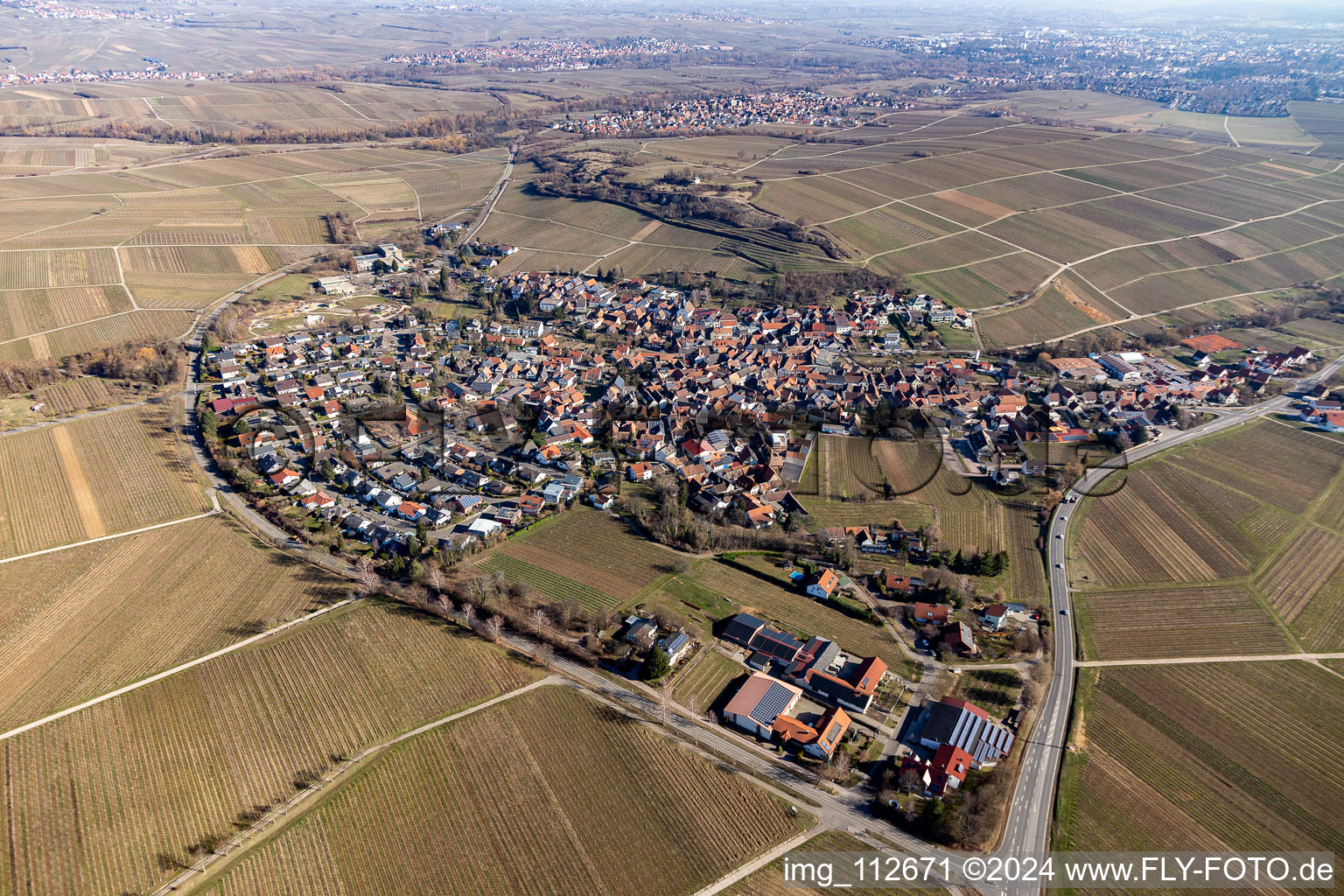 Vue aérienne de Des zones agricoles et des vignobles entourent la zone d'habitation du village au pied du petit Kalmit à le quartier Ilbesheim in Ilbesheim bei Landau in der Pfalz dans le département Rhénanie-Palatinat, Allemagne