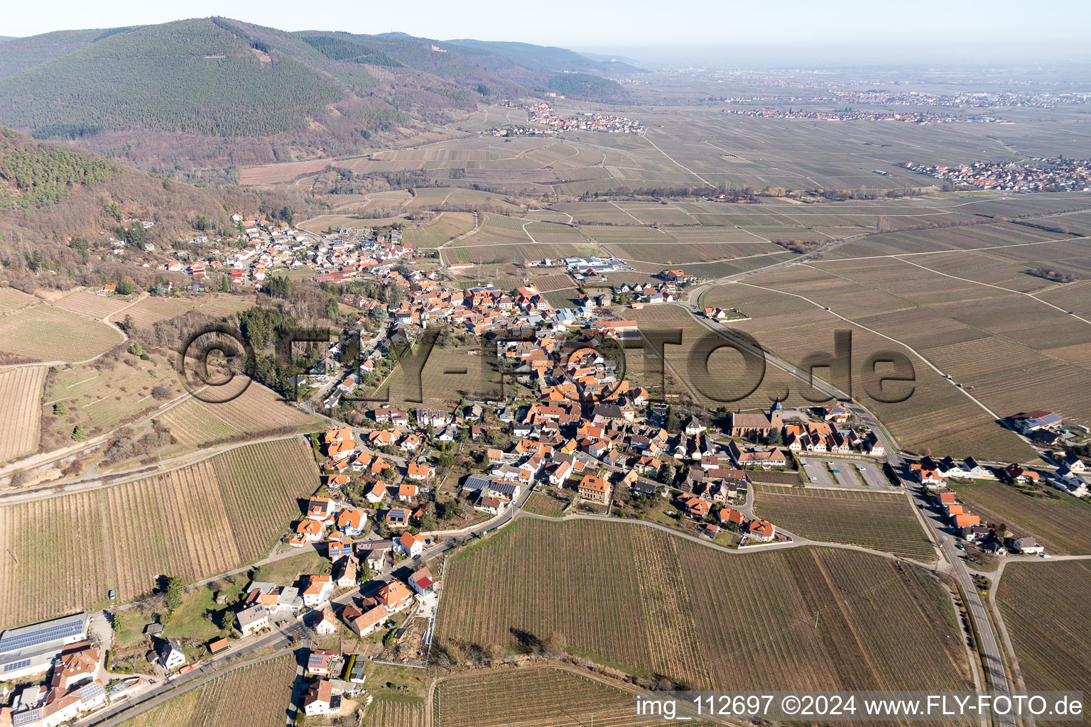 Vue d'oiseau de Burrweiler dans le département Rhénanie-Palatinat, Allemagne