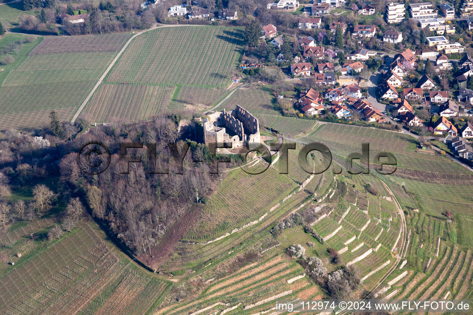 Vue aérienne de Ruines du château de Staufen à Staufen im Breisgau dans le département Bade-Wurtemberg, Allemagne