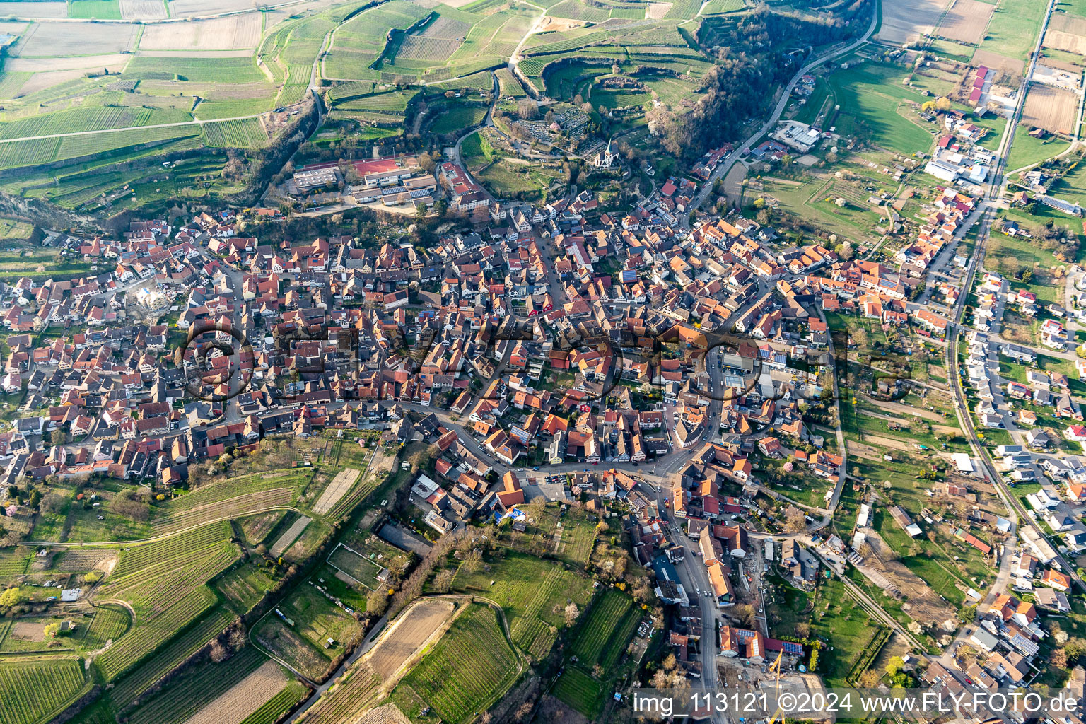 Vue aérienne de Vue des rues et des maisons des quartiers résidentiels à Bahlingen am Kaiserstuhl dans le département Bade-Wurtemberg, Allemagne