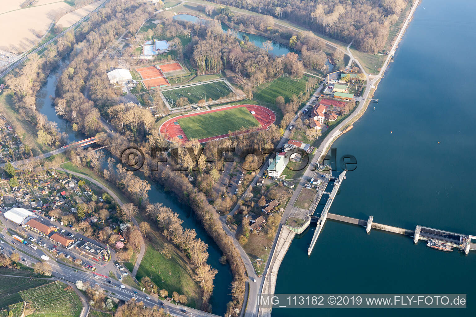 Vue aérienne de Stade forestier, piscine forestière à Breisach am Rhein dans le département Bade-Wurtemberg, Allemagne