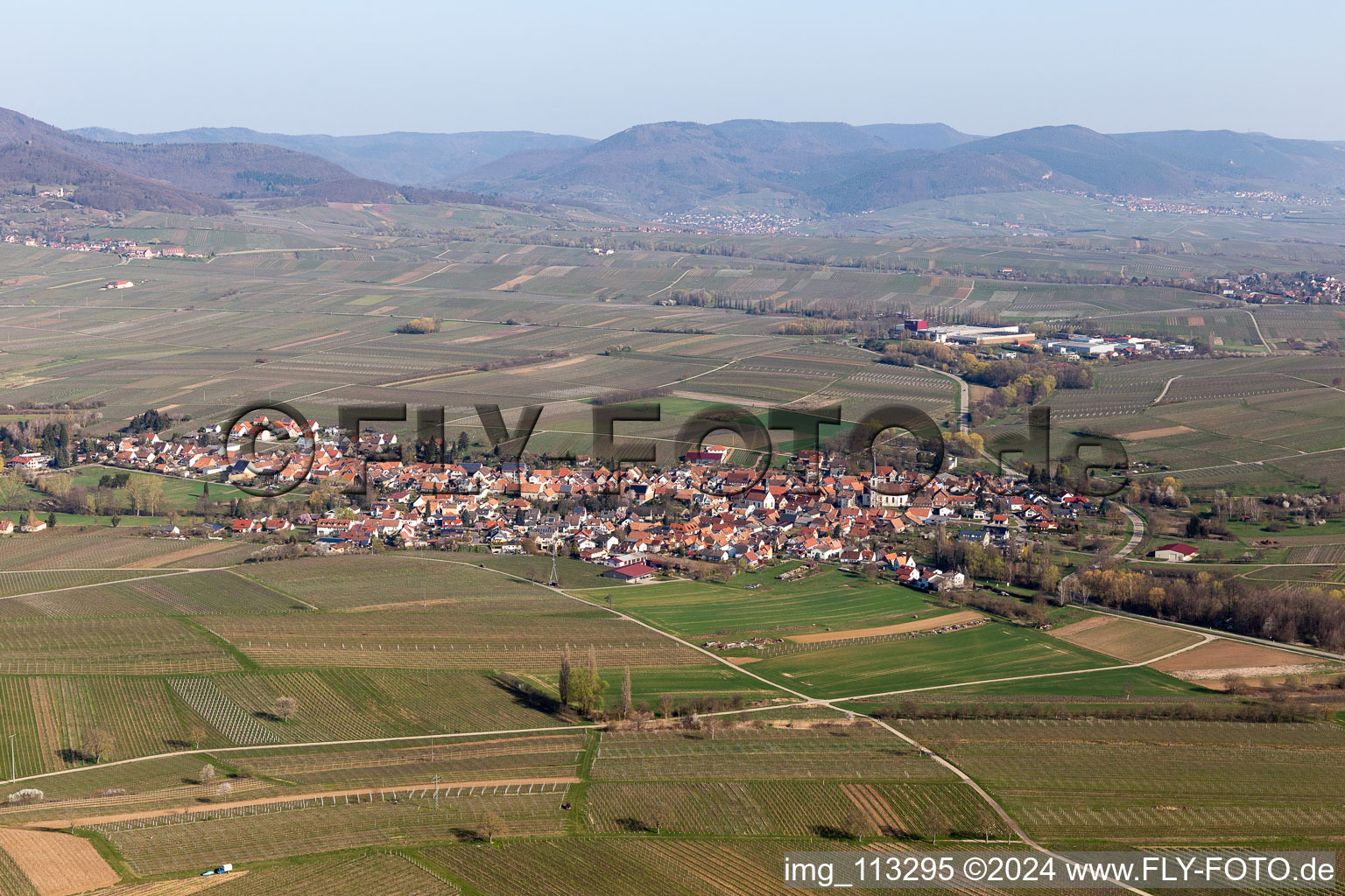 Göcklingen dans le département Rhénanie-Palatinat, Allemagne depuis l'avion