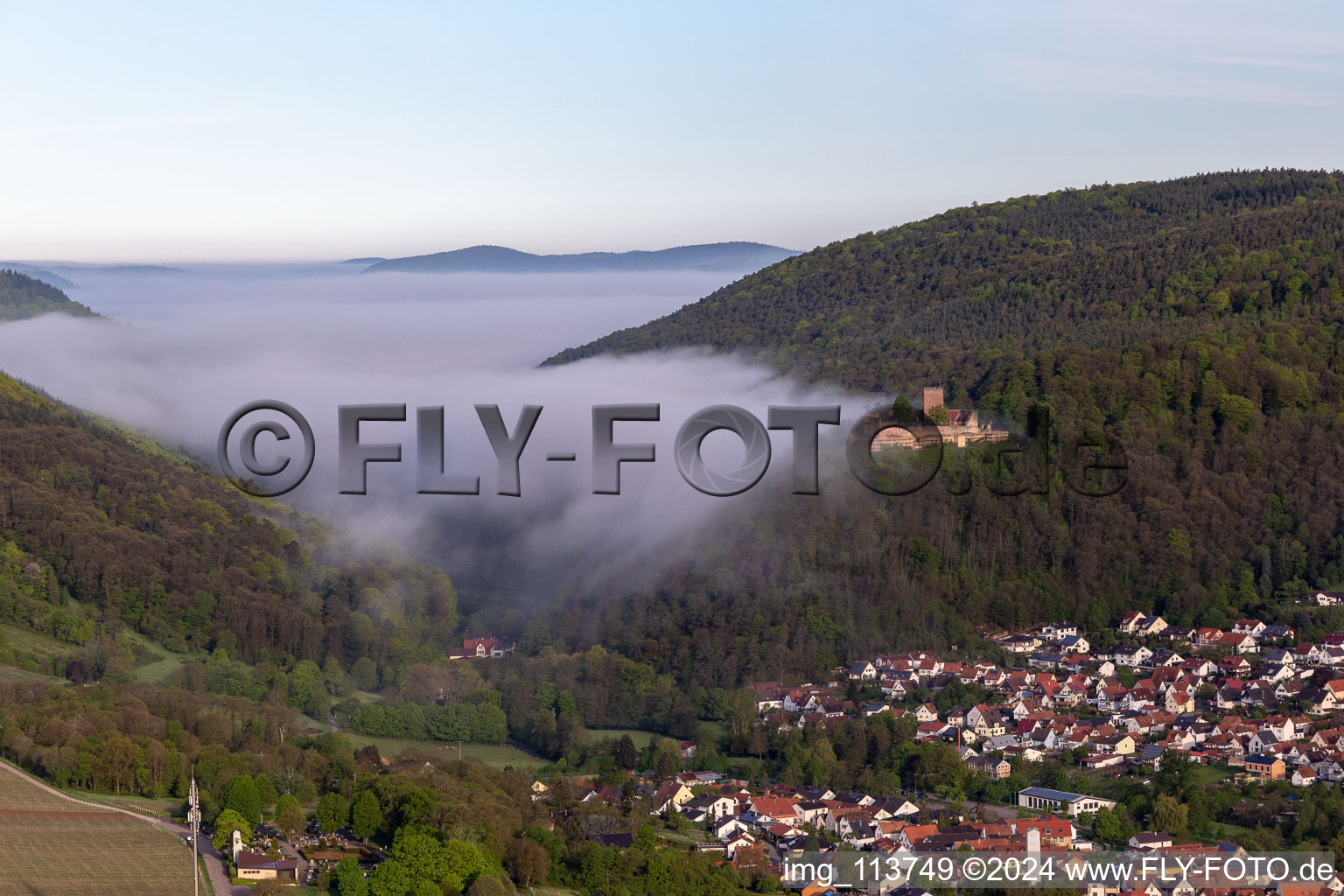 Photographie aérienne de Château de Landeck dans le brouillard du matin à Klingenmünster dans le département Rhénanie-Palatinat, Allemagne