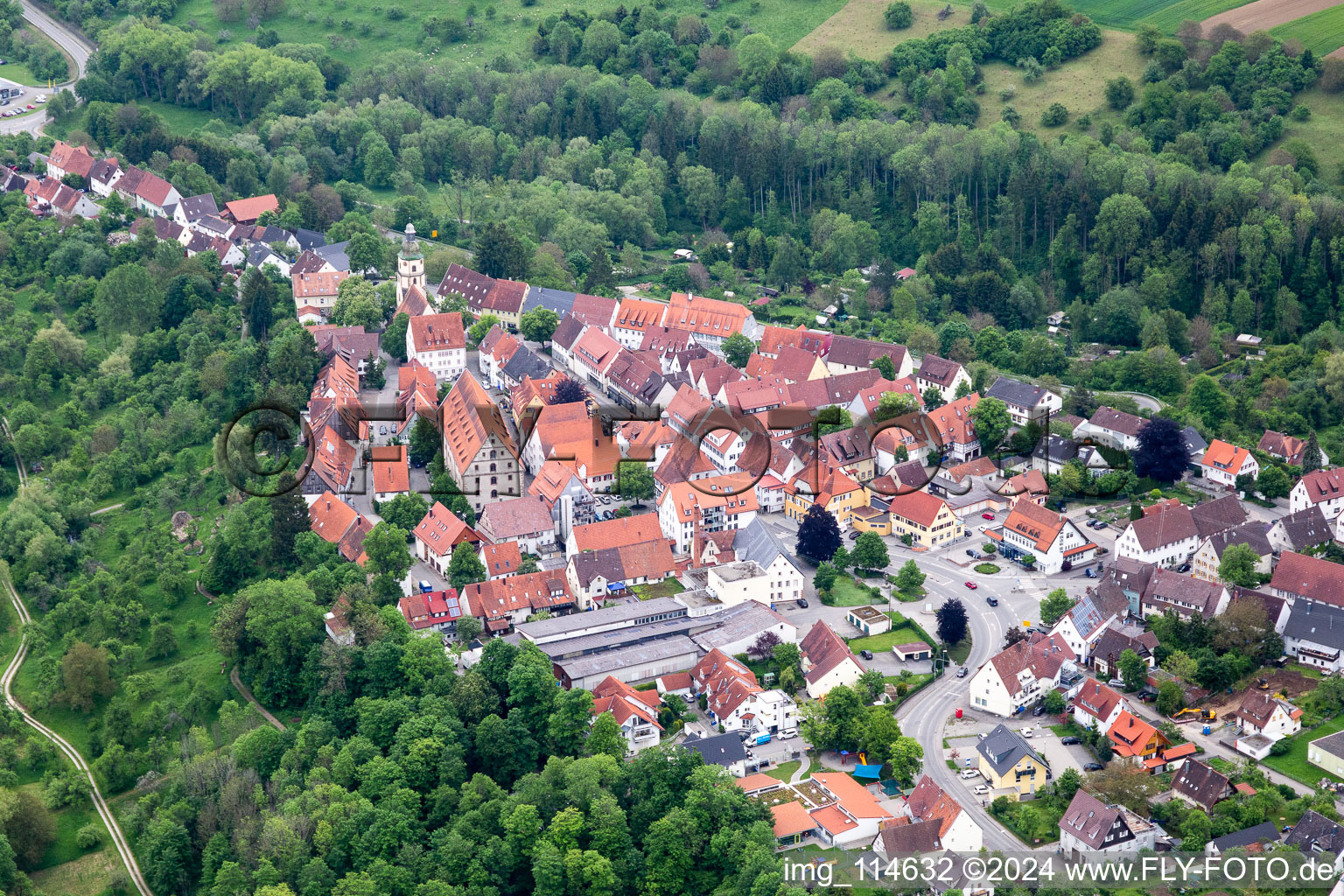 Vue aérienne de Centre-ville entouré de forêts et de zones forestières avec des rues et des maisons et des zones résidentielles à Rosenfeld dans le département Bade-Wurtemberg, Allemagne