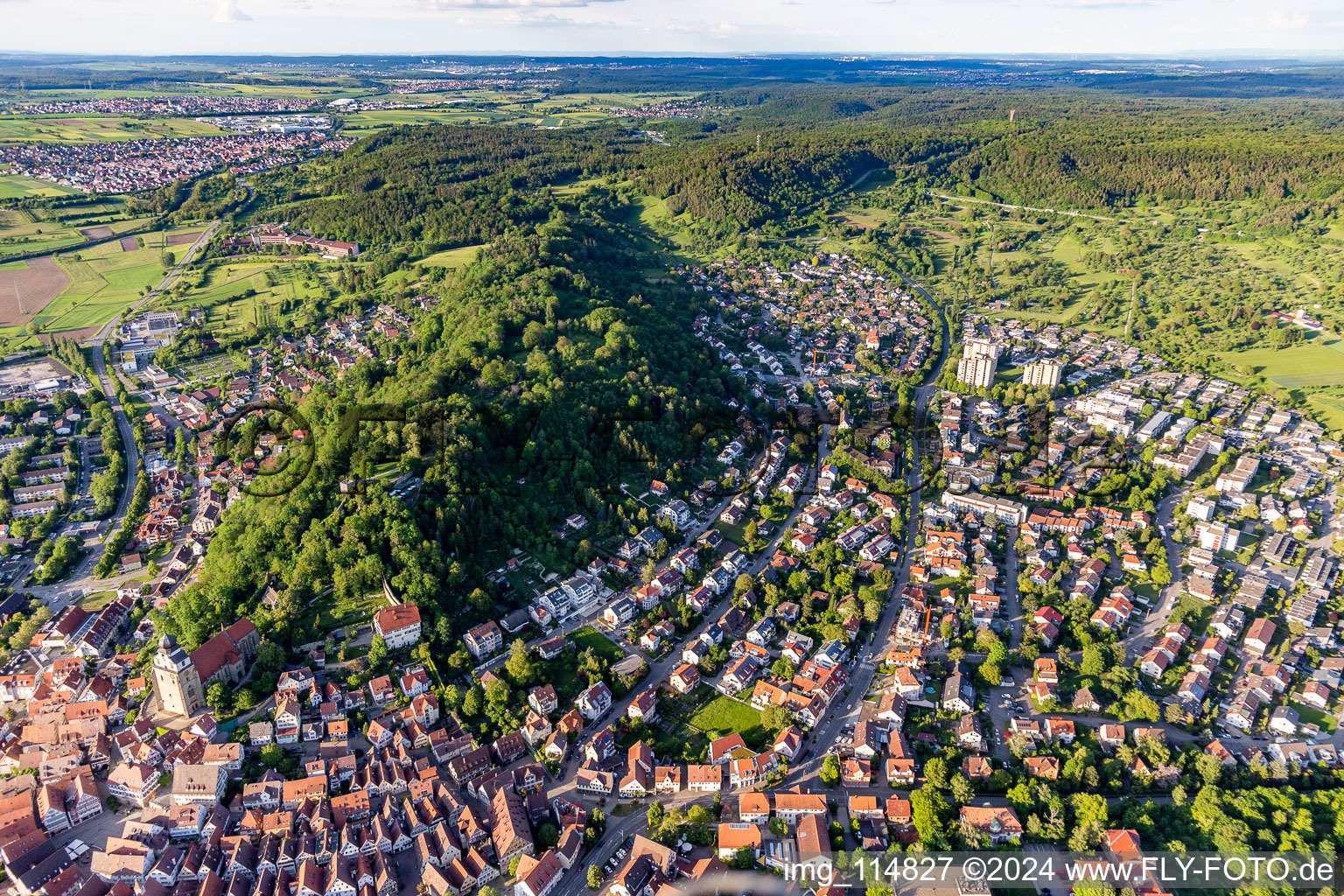 Vue aérienne de Centre-ville entouré de forêts et de zones forestières avec des rues et des maisons et des zones résidentielles au pied du Schloßberg à Herrenberg dans le département Bade-Wurtemberg, Allemagne